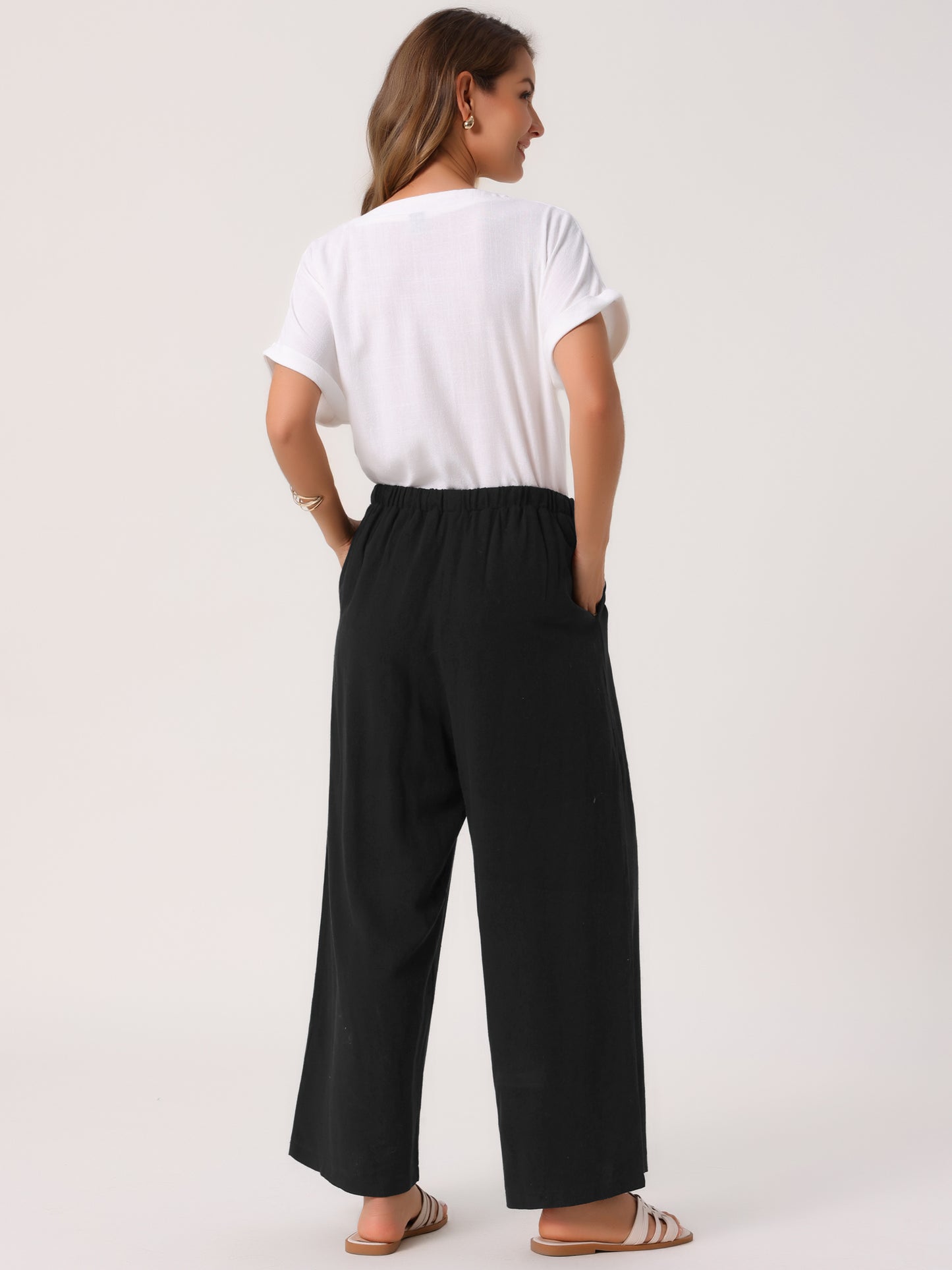 Women's Linen Palazzo Pants Summer Flowy Wide Leg Casual Vacaction Beach Trousers with Pockets