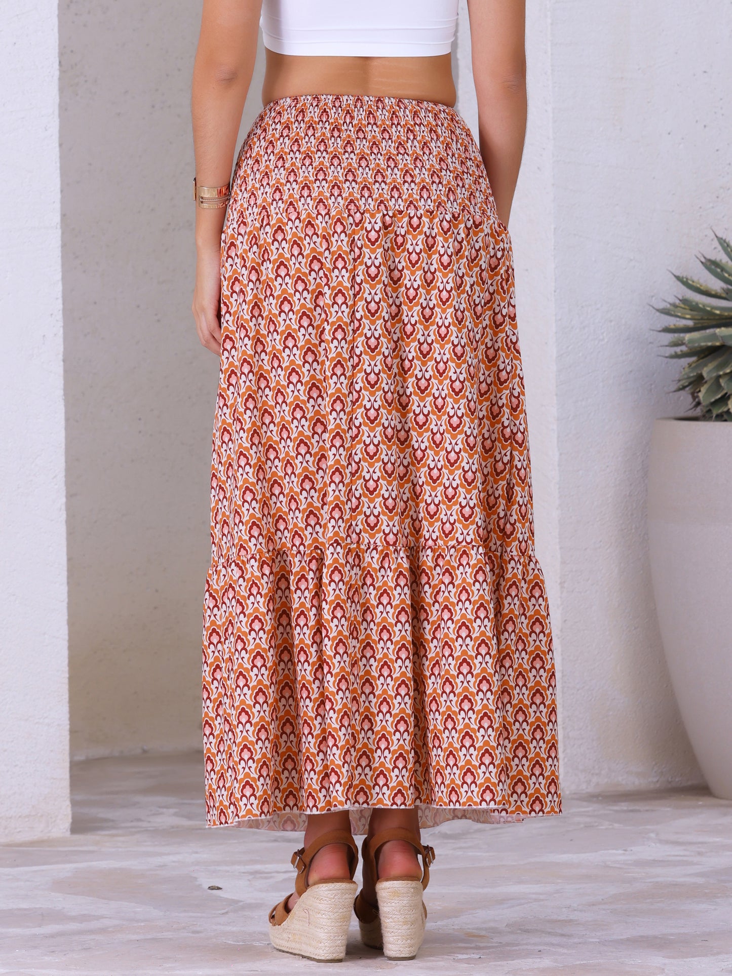 Women's Summer Smocked Waist Flowy Swing Floral Maxi Skirt