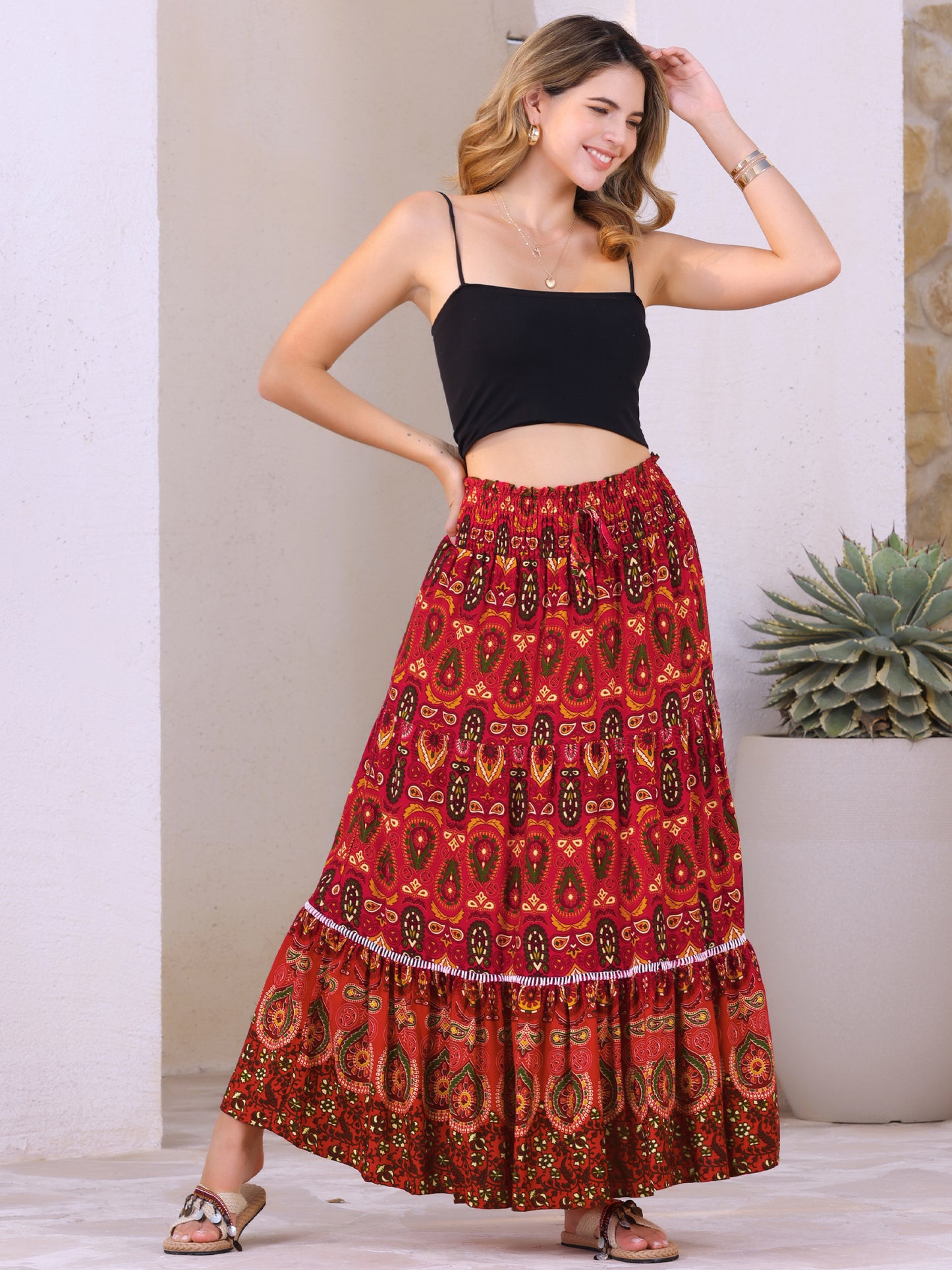 Women's Boho Floral Smocked High Waist A-Line Maxi Skirt