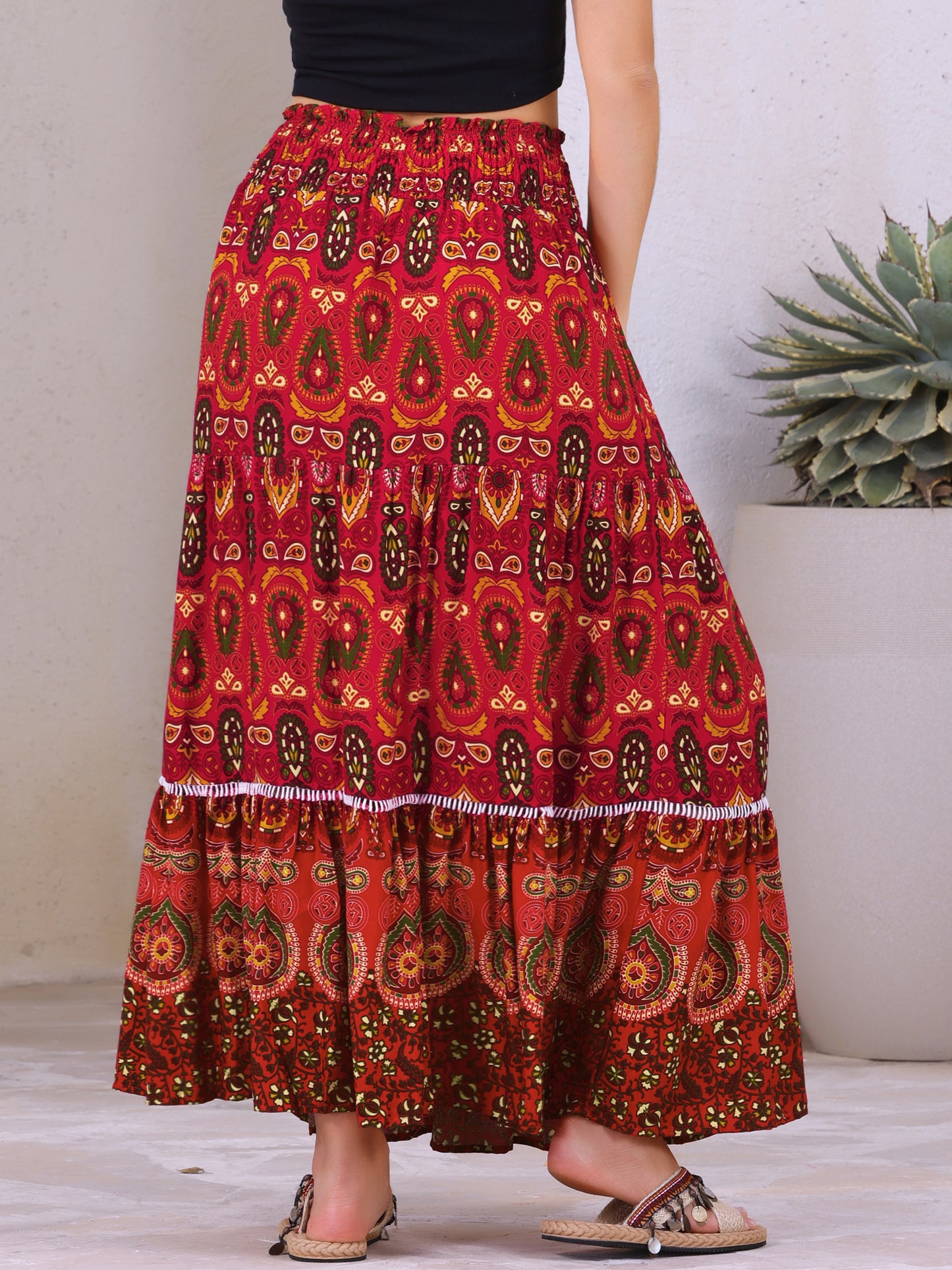 Women's Boho Floral Smocked High Waist A-Line Maxi Skirt