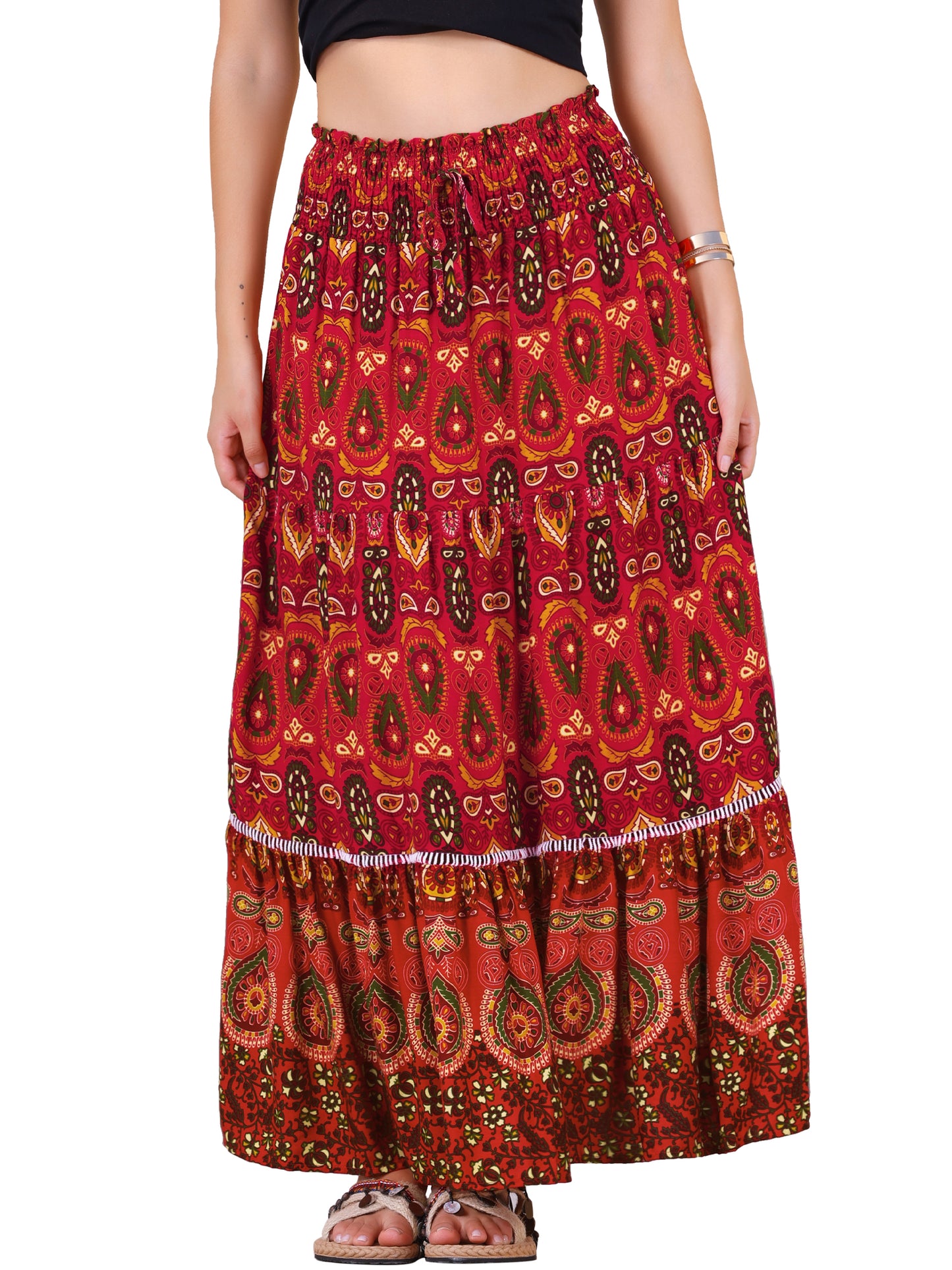 Women's Boho Floral Smocked High Waist A-Line Maxi Skirt