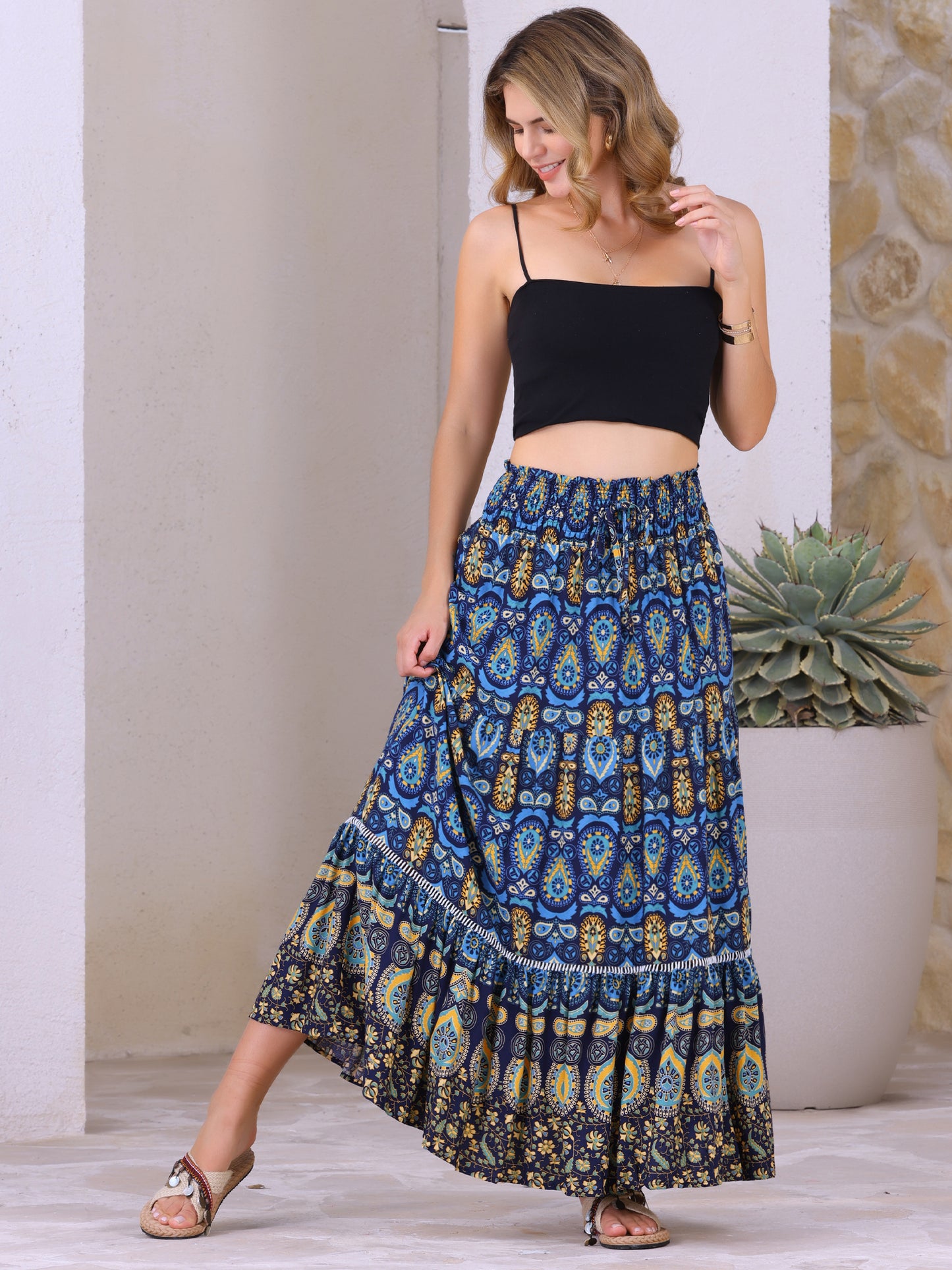 Women's Boho Floral Smocked High Waist A-Line Maxi Skirt
