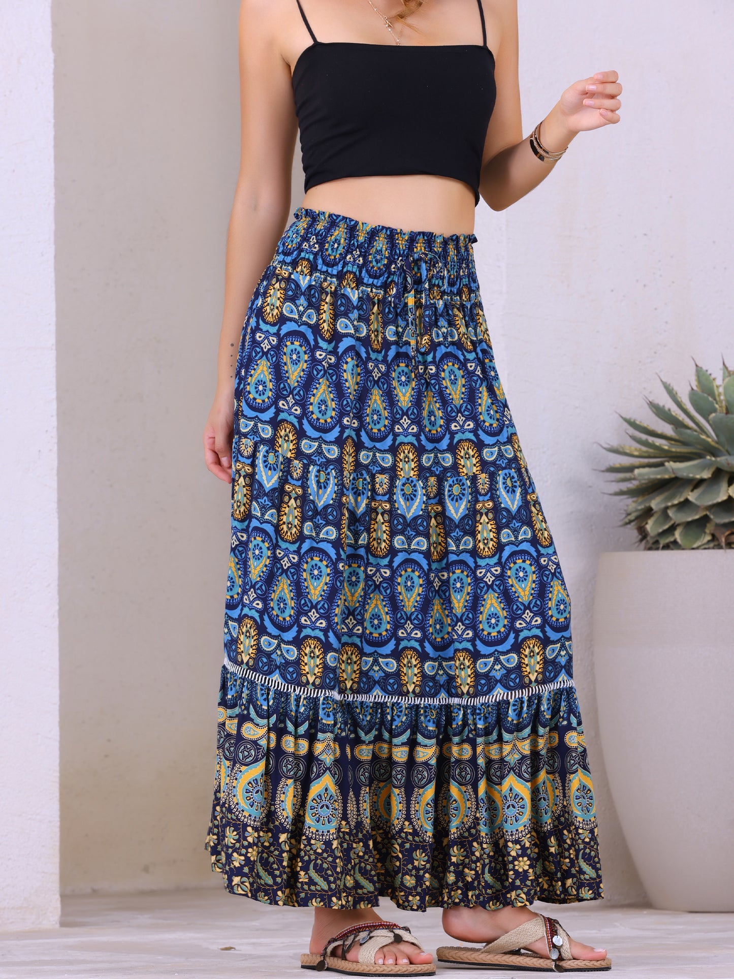 Women's Boho Floral Smocked High Waist A-Line Maxi Skirt
