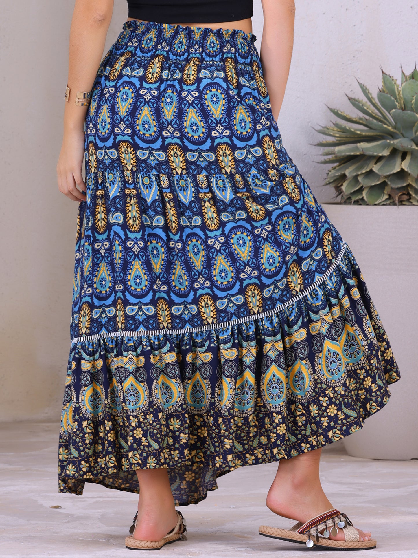 Women's Boho Floral Smocked High Waist A-Line Maxi Skirt