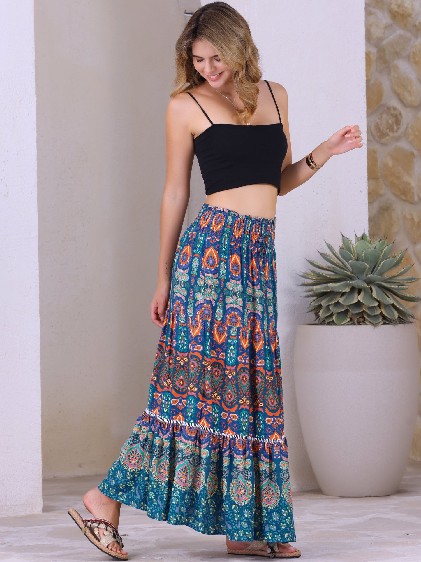 Women's Boho Floral Smocked High Waist A-Line Maxi Skirt