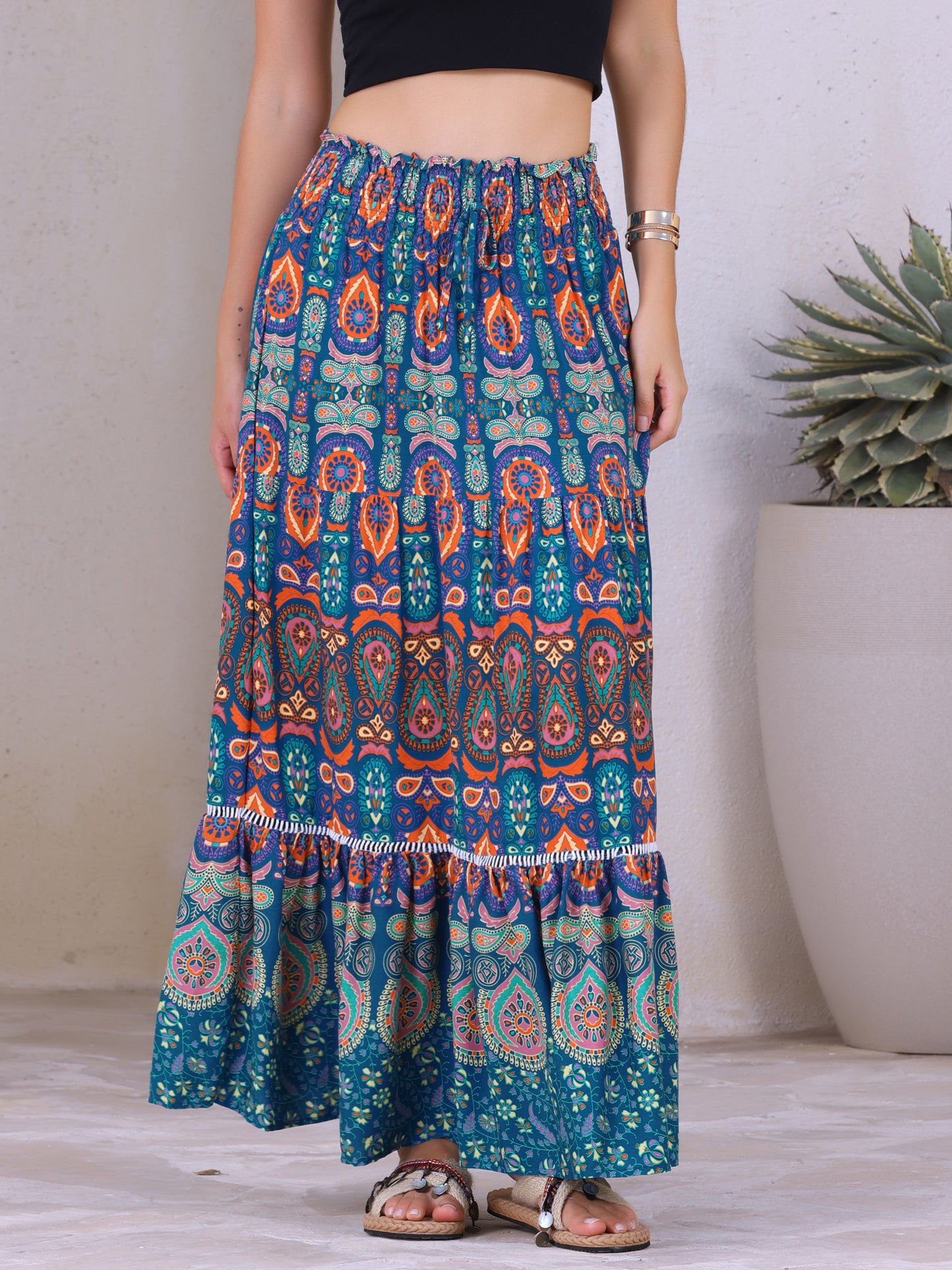 Women's Boho Floral Smocked High Waist A-Line Maxi Skirt