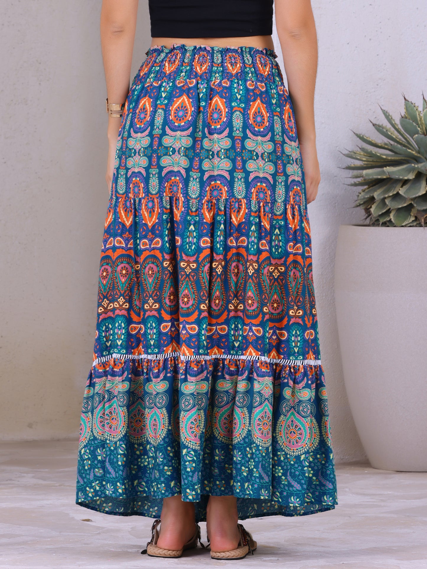 Women's Boho Floral Smocked High Waist A-Line Maxi Skirt
