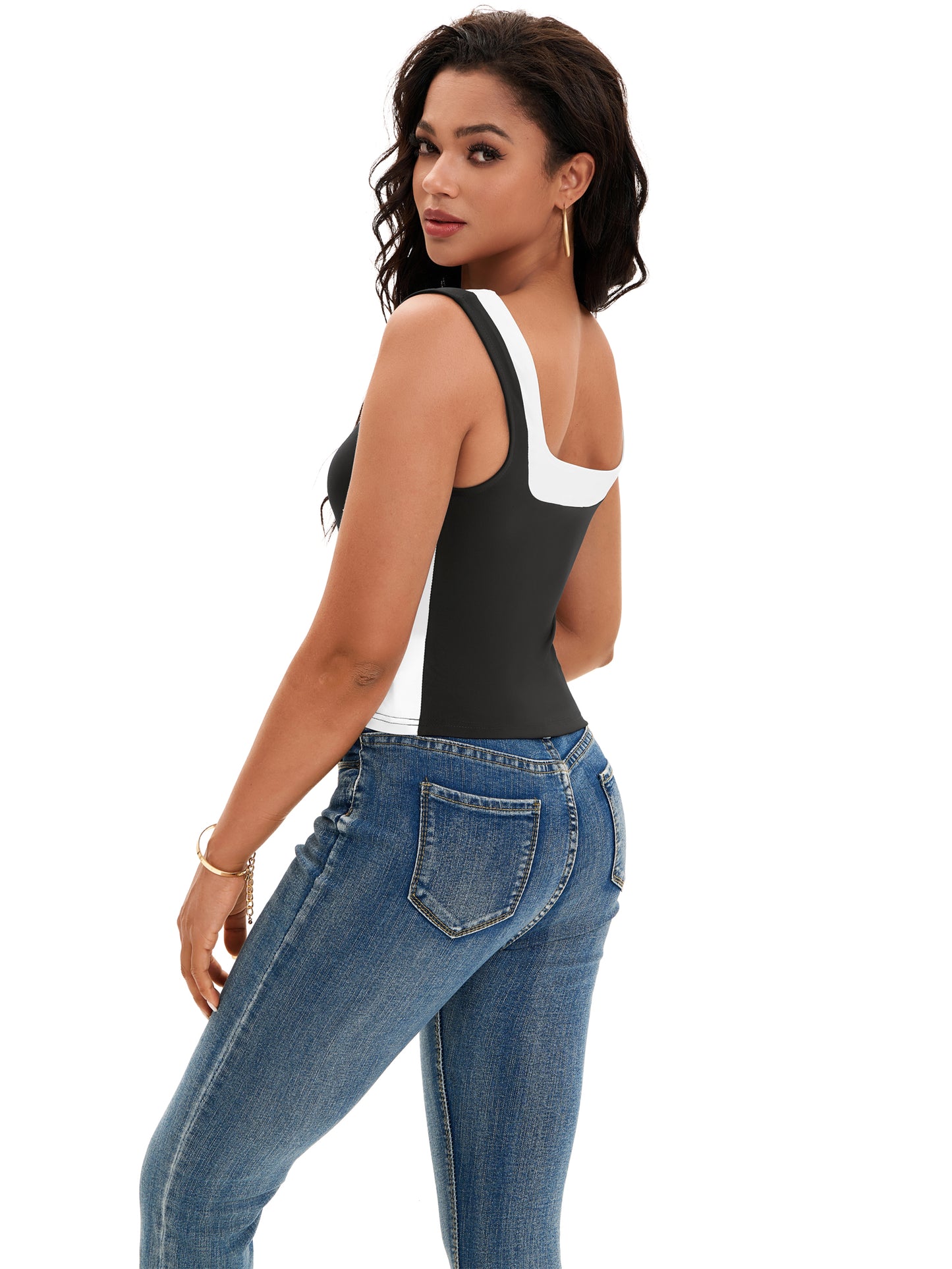 Women Sleeveless Square Neck Crop Top Slim Fit Color Block Tank Top