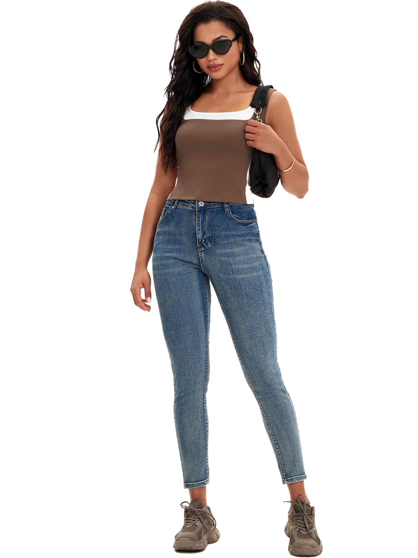 Women Sleeveless Square Neck Crop Top Slim Fit Color Block Tank Top