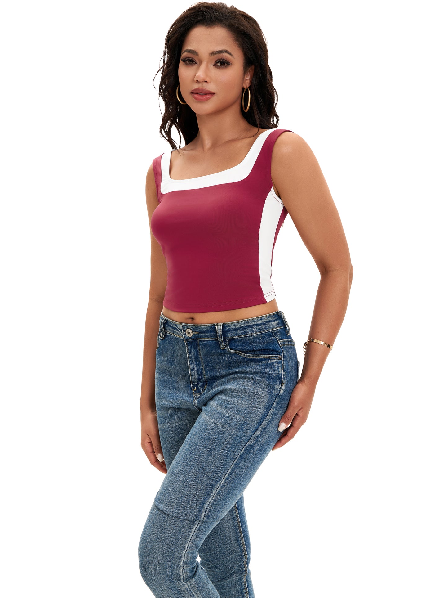 Top corto sin mangas con cuello cuadrado para mujer, corte ajustado, camiseta sin mangas con bloques de color