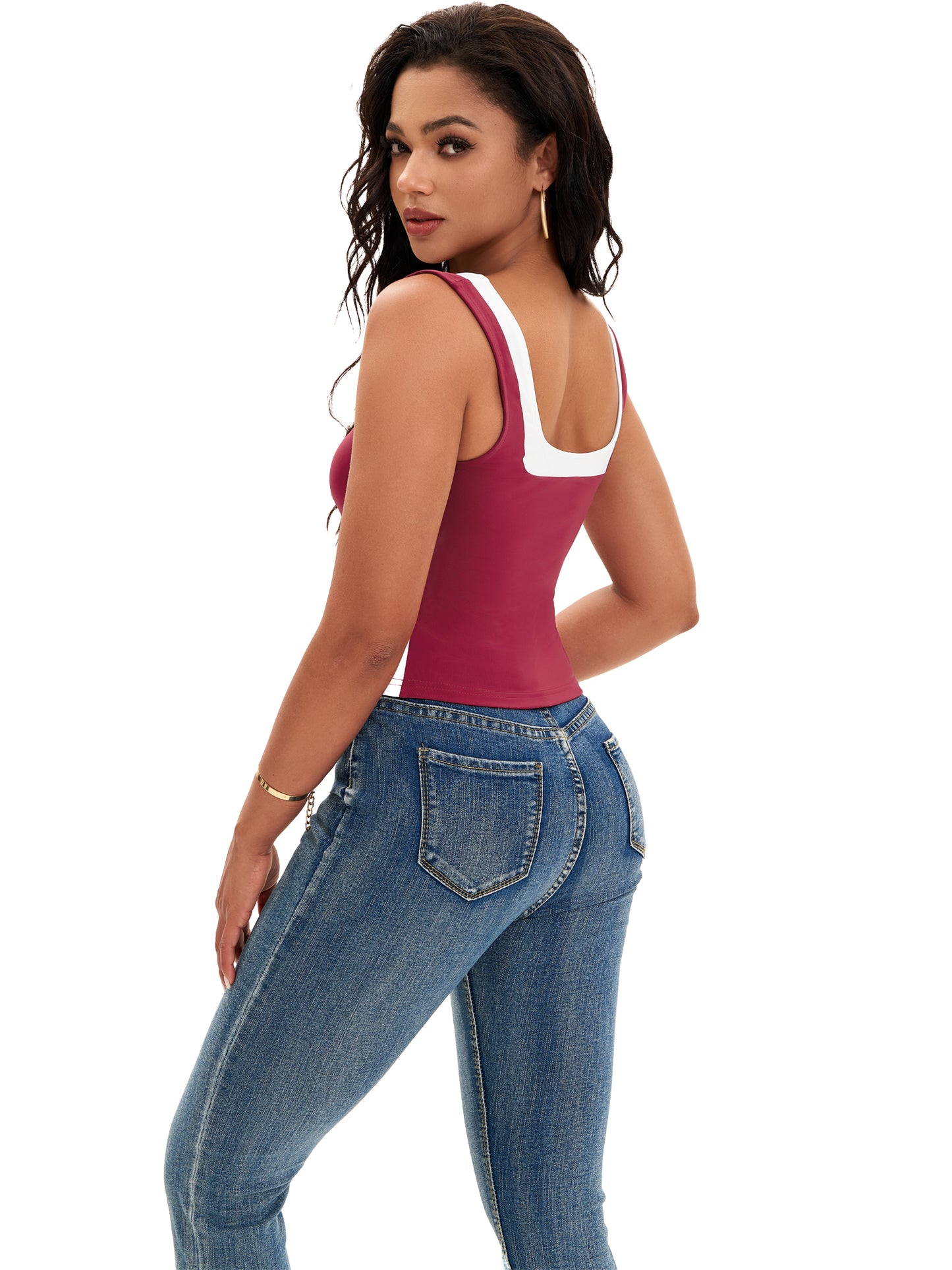 Women Sleeveless Square Neck Crop Top Slim Fit Color Block Tank Top