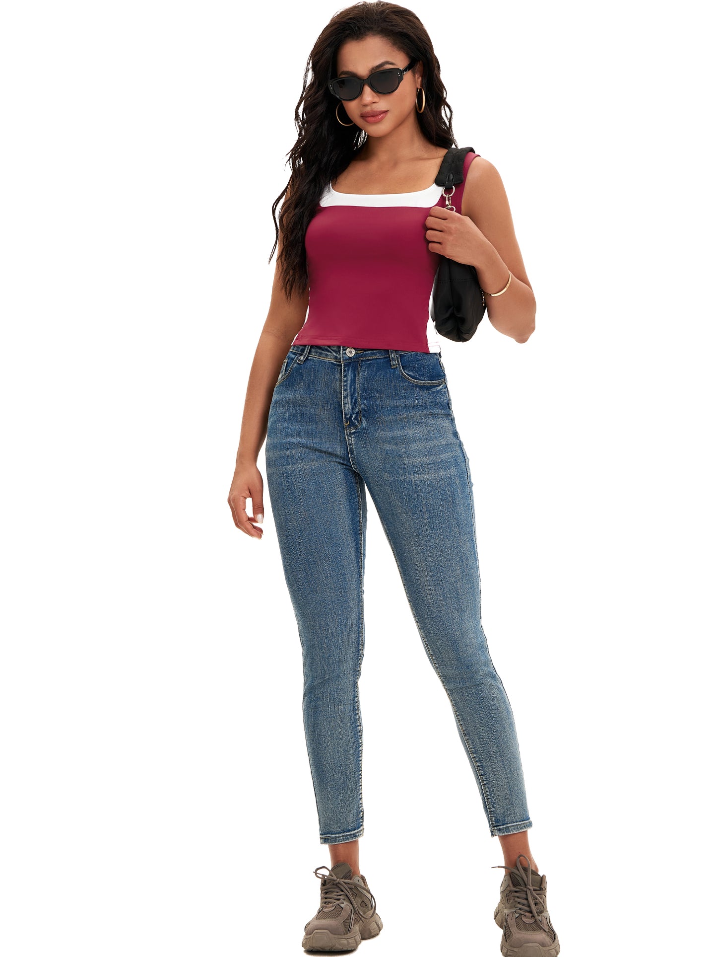 Women Sleeveless Square Neck Crop Top Slim Fit Color Block Tank Top