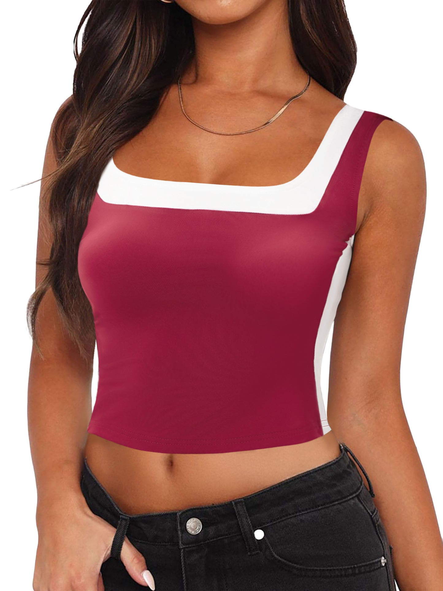 Women Sleeveless Square Neck Crop Top Slim Fit Color Block Tank Top