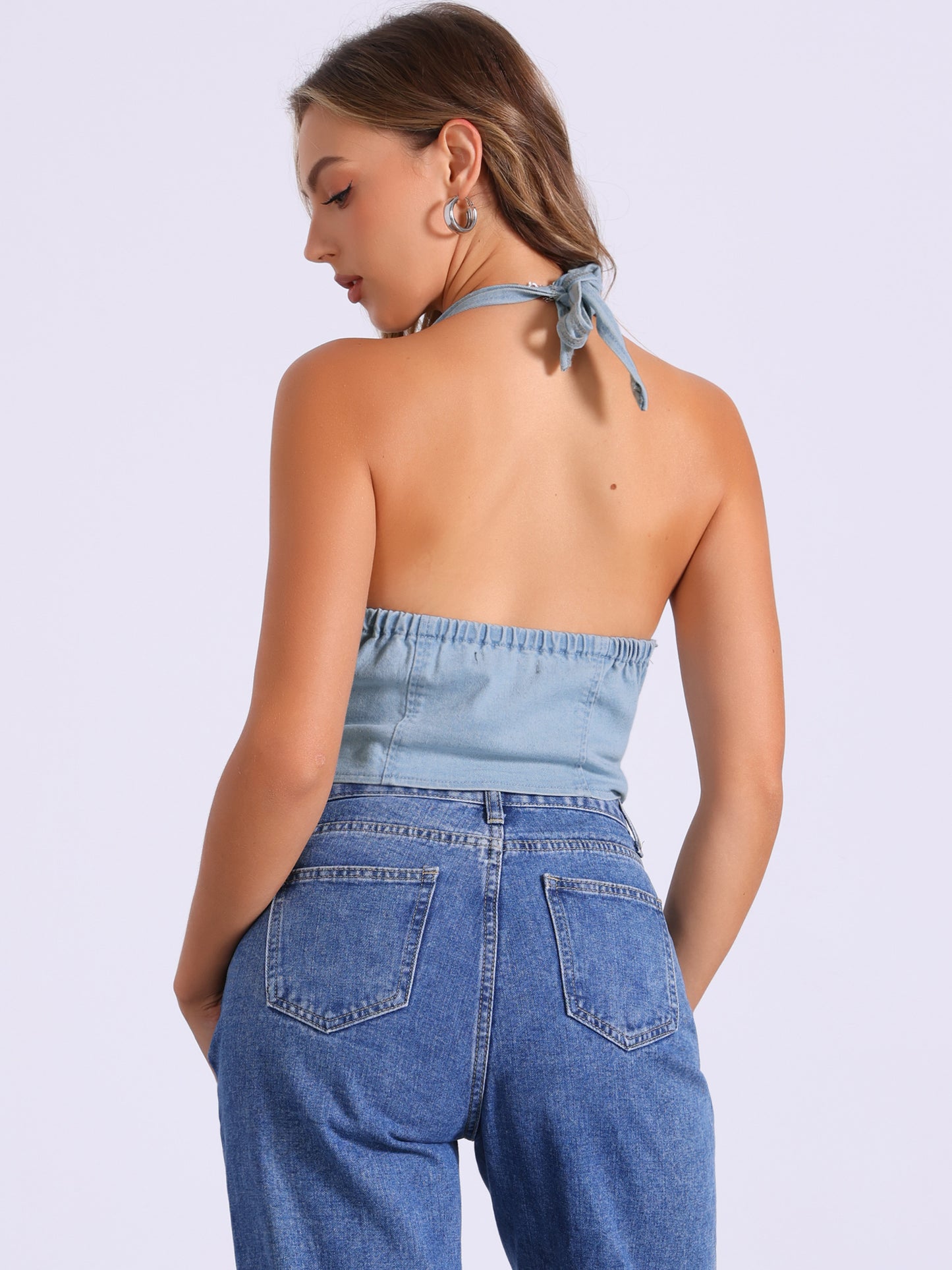 Women's Halter Neck Strapless Crop Jean Corset Top Denim Vest