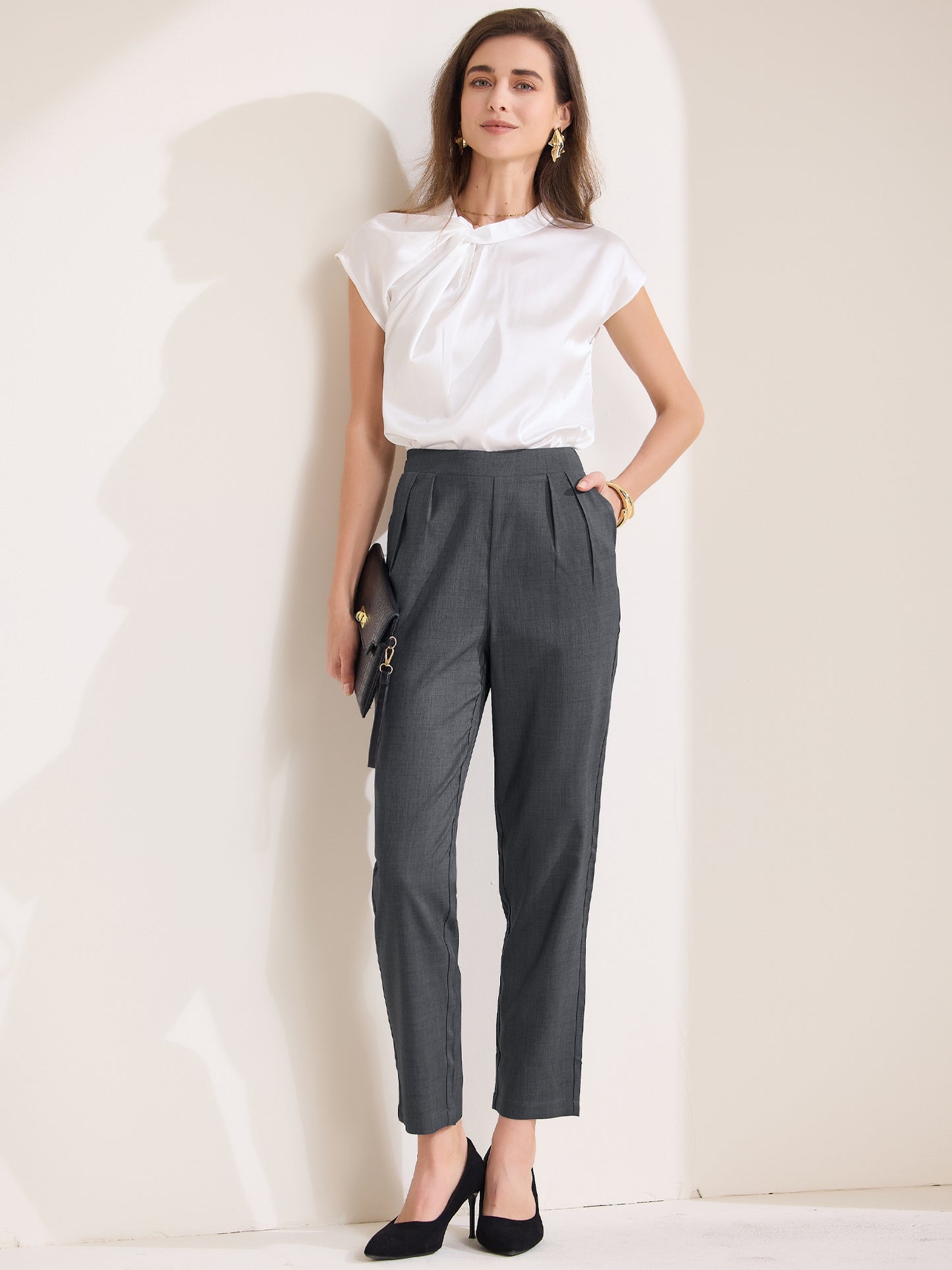 Women's Work Pants with Pockets Pull On High Waist Dress Ankle Pants Slacks