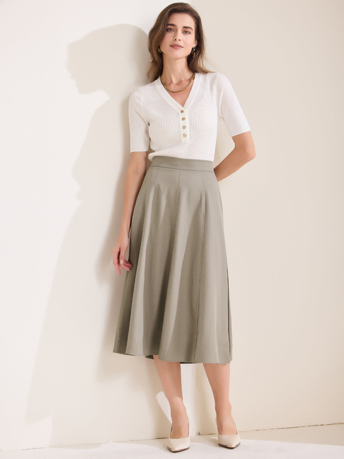 Women's A-Line Skirt High Waist Office Work Midi Flared Pleated Skirt