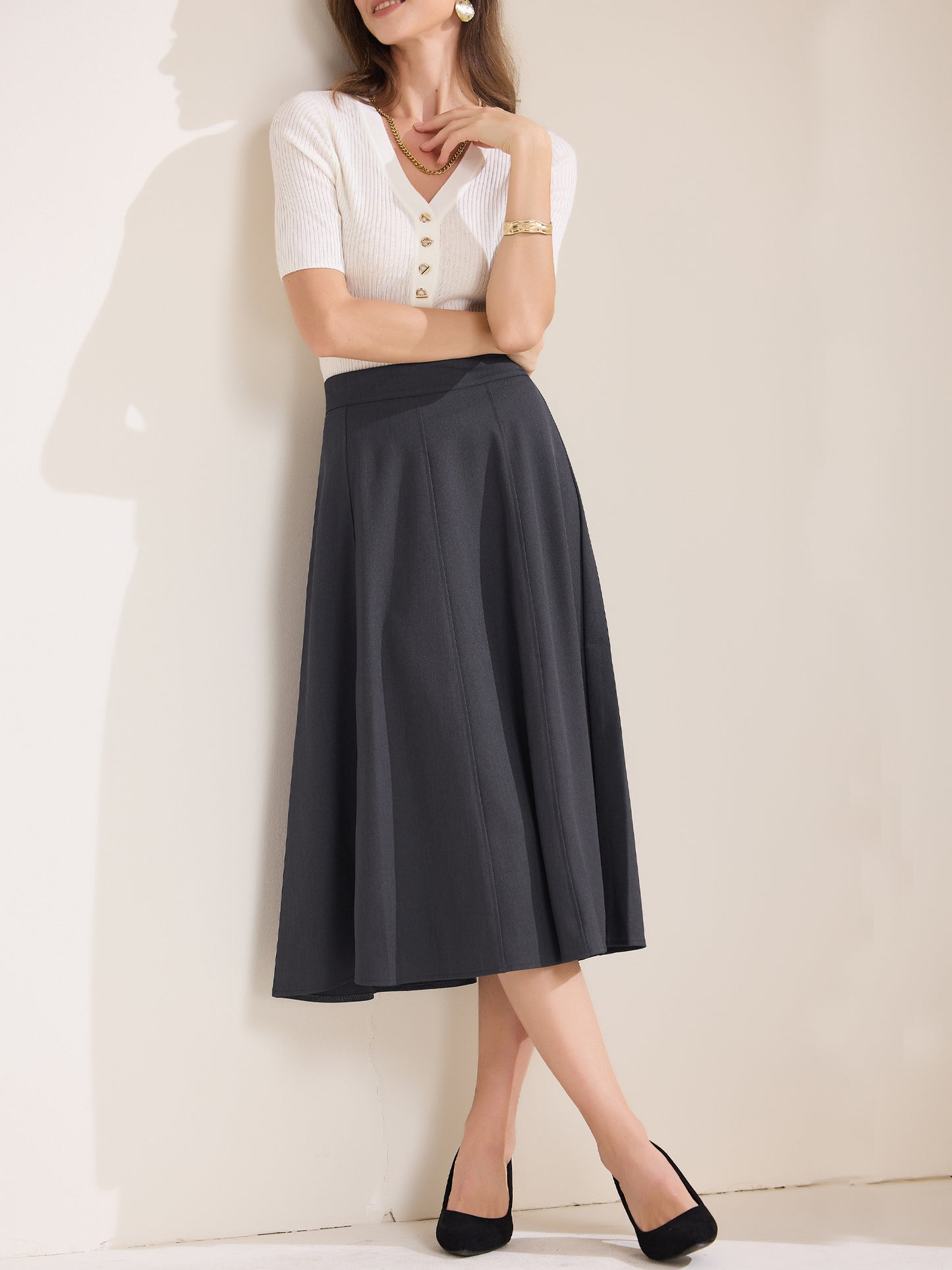 Women's A-Line Skirt High Waist Office Work Midi Flared Pleated Skirt