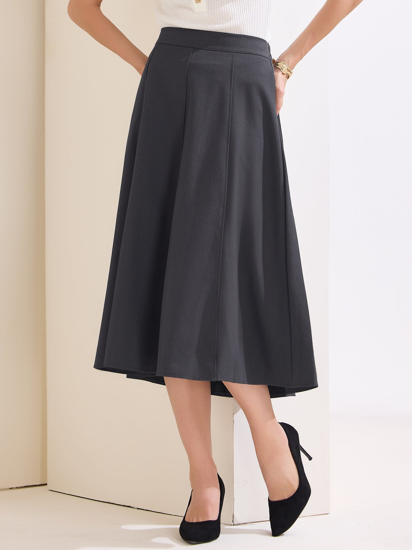 Women's A-Line Skirt High Waist Office Work Midi Flared Pleated Skirt