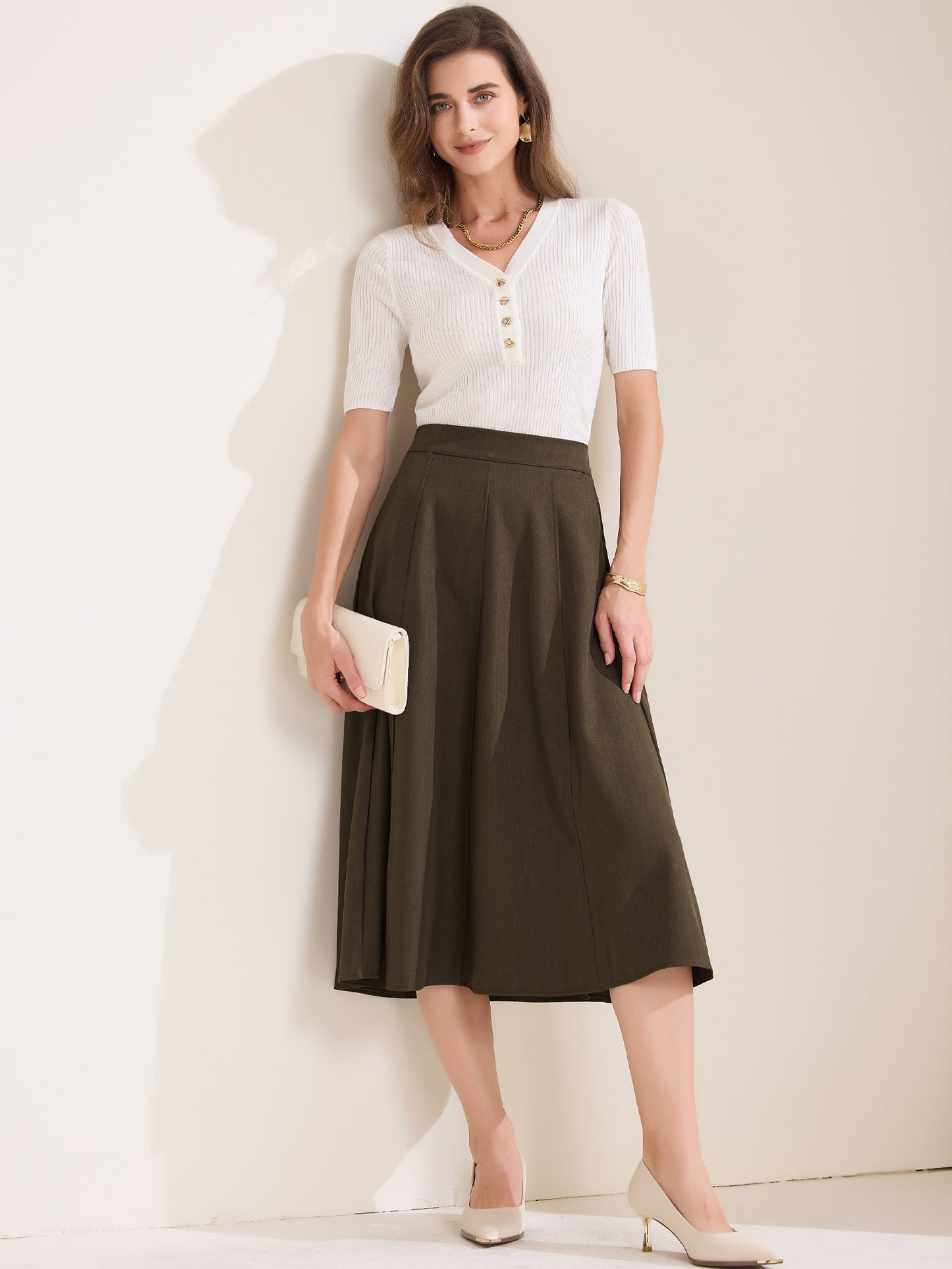 Women's A-Line Skirt High Waist Office Work Midi Flared Pleated Skirt