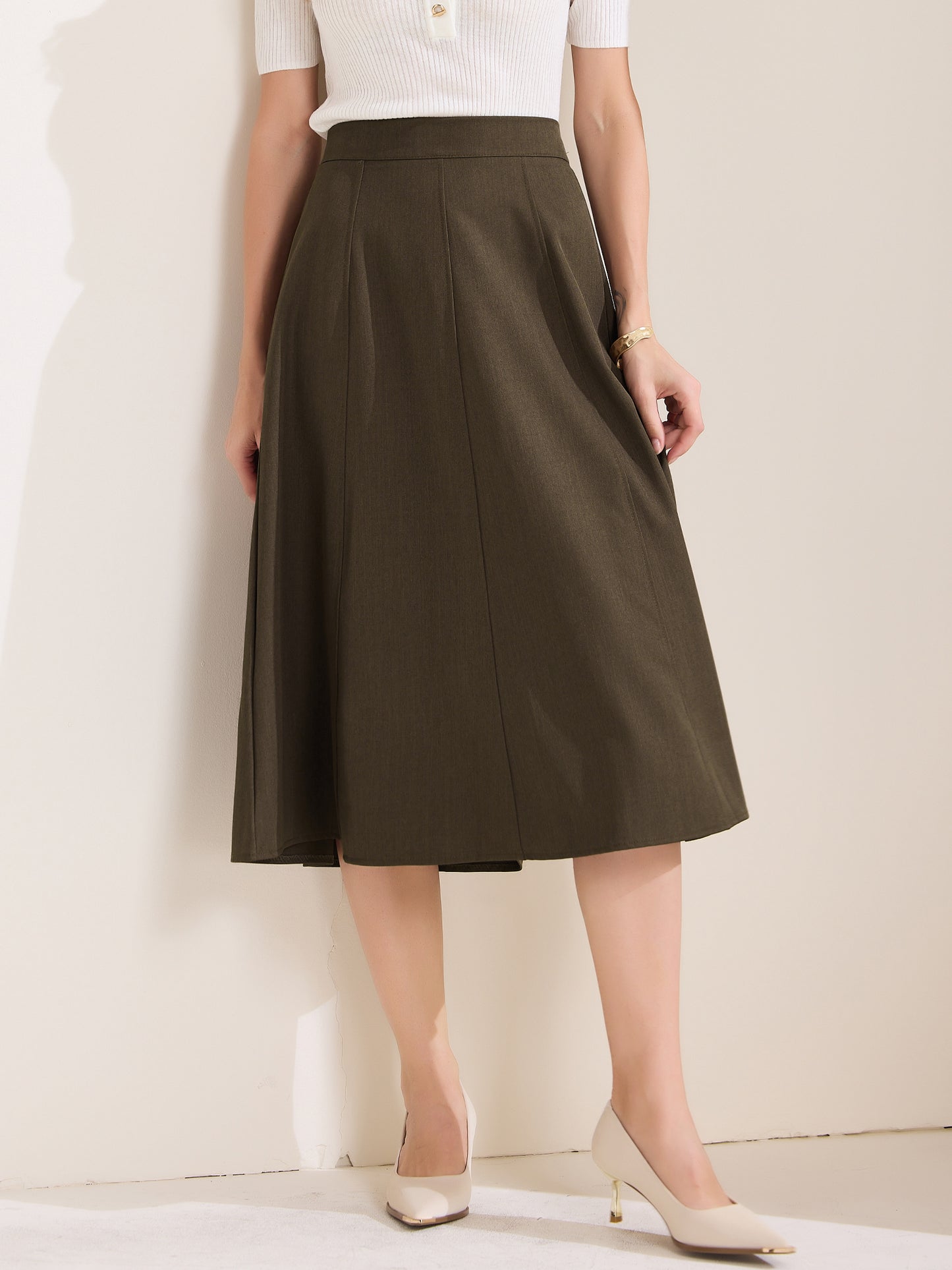 Women's A-Line Skirt High Waist Office Work Midi Flared Pleated Skirt
