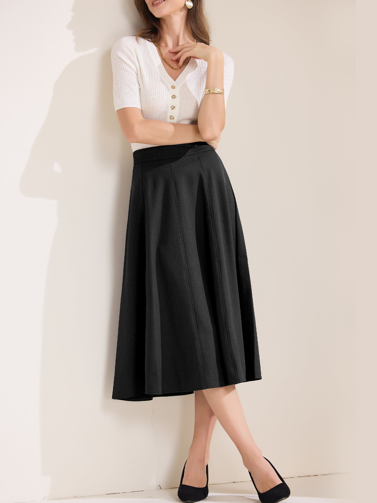 Women's A-Line Skirt High Waist Office Work Midi Flared Pleated Skirt
