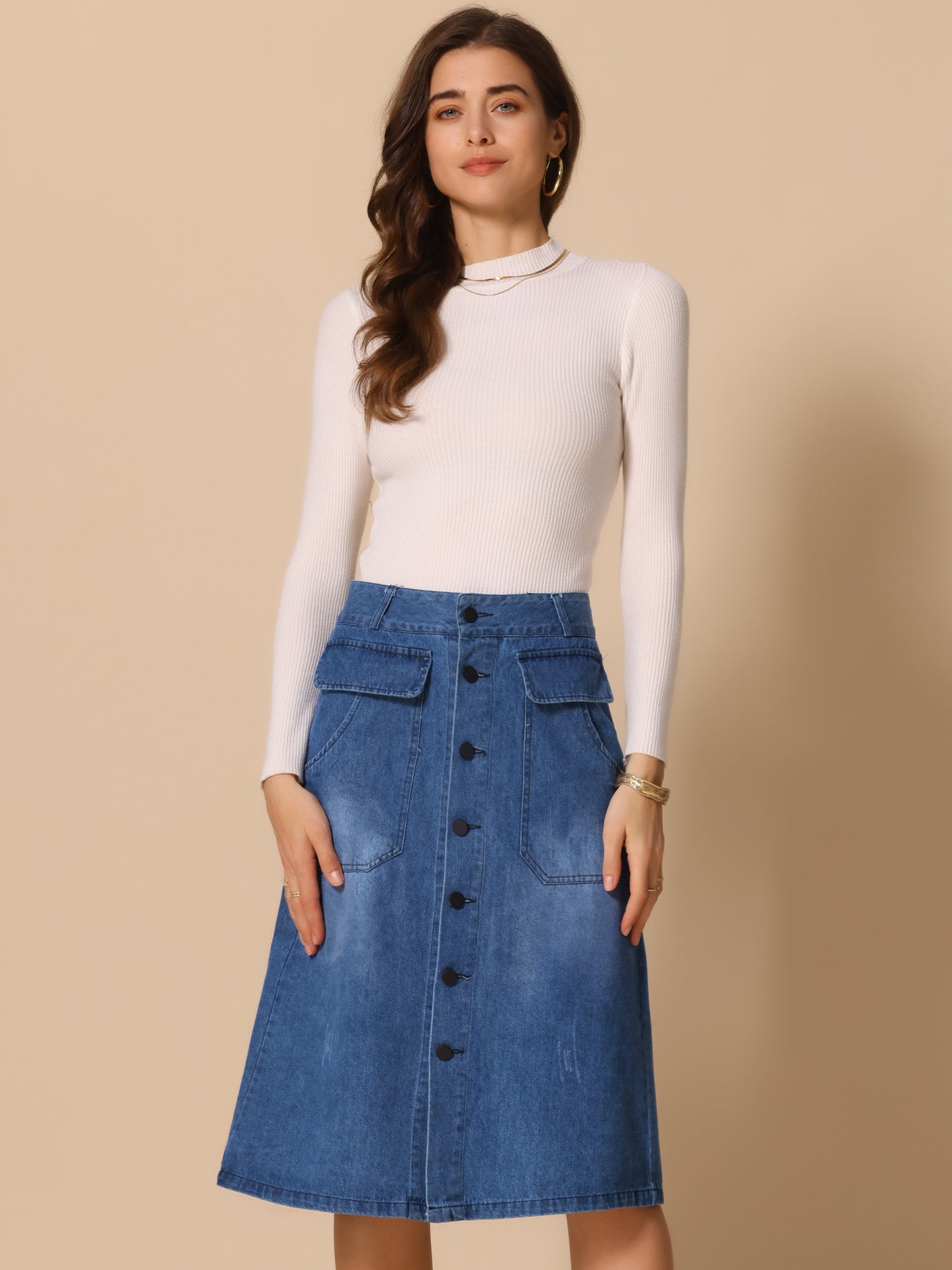 Women's A-Line Button Front High Waist Jean Denim Midi Skirt