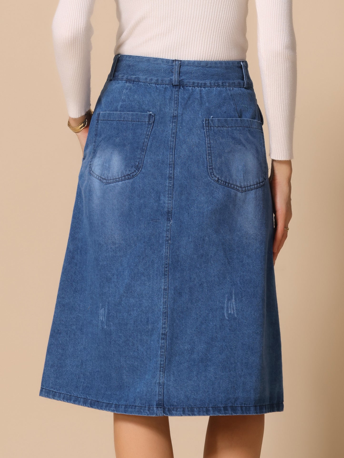 Women's A-Line Button Front High Waist Jean Denim Midi Skirt