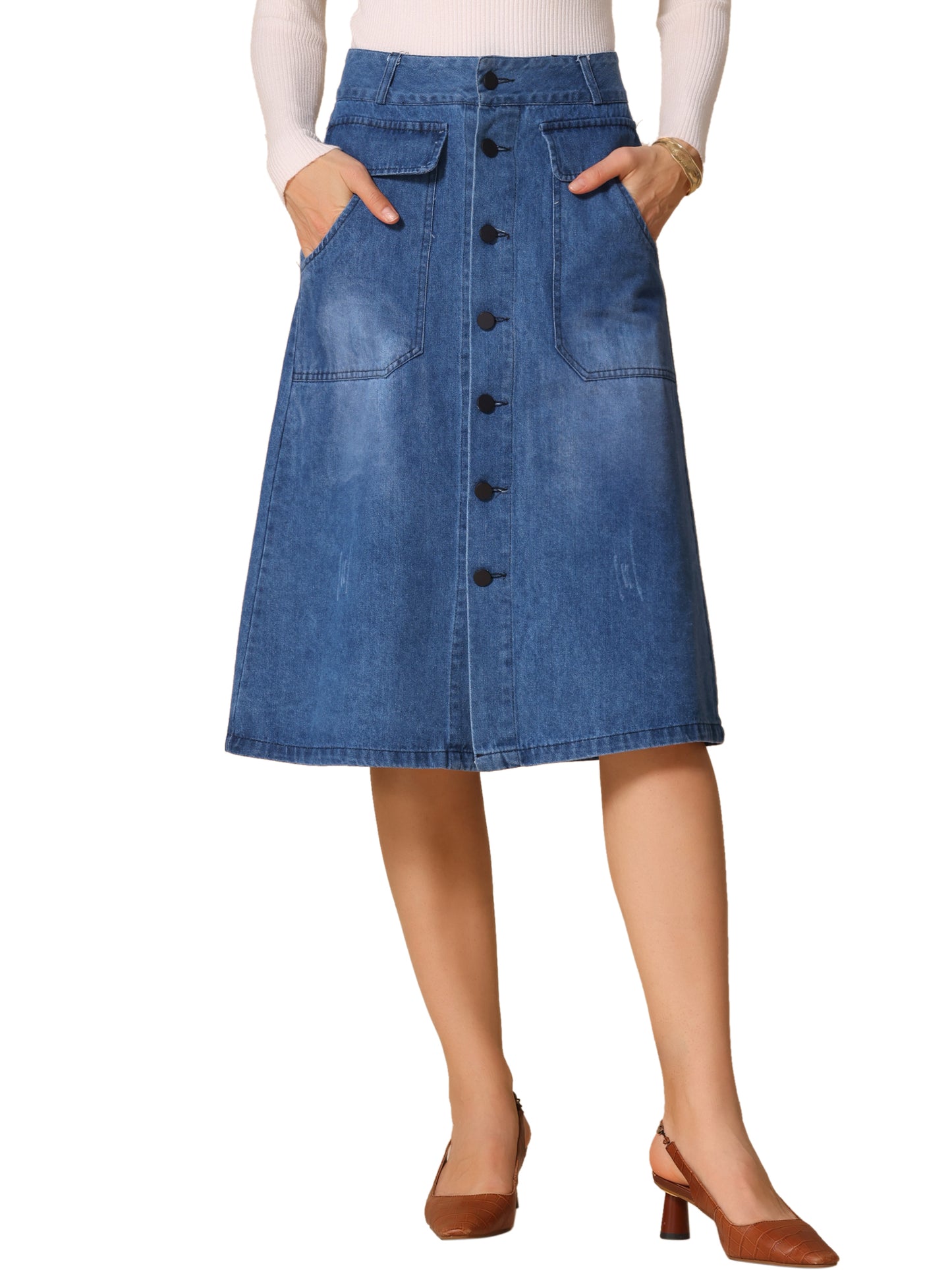 Women's A-Line Button Front High Waist Jean Denim Midi Skirt