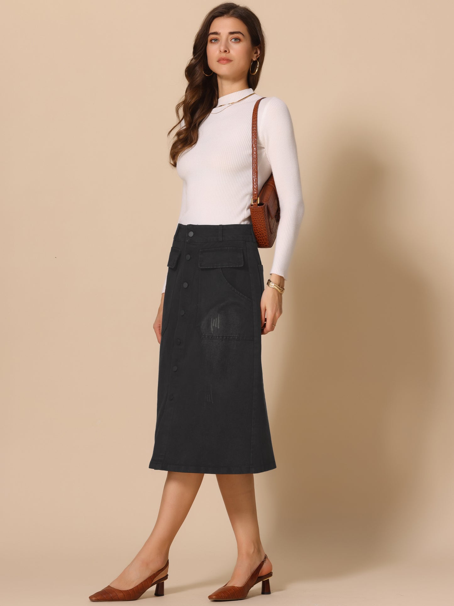 Women's A-Line Button Front High Waist Jean Denim Midi Skirt
