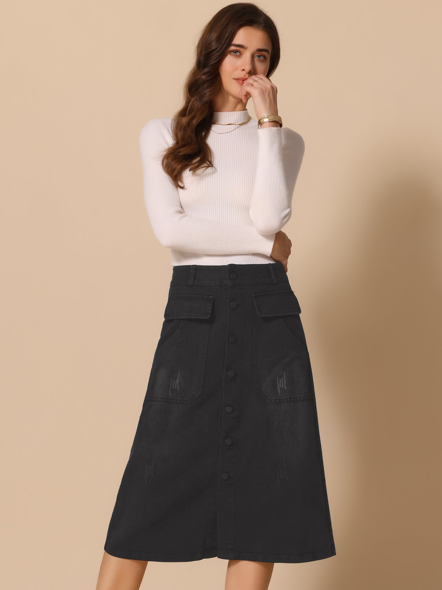 Women's A-Line Button Front High Waist Jean Denim Midi Skirt