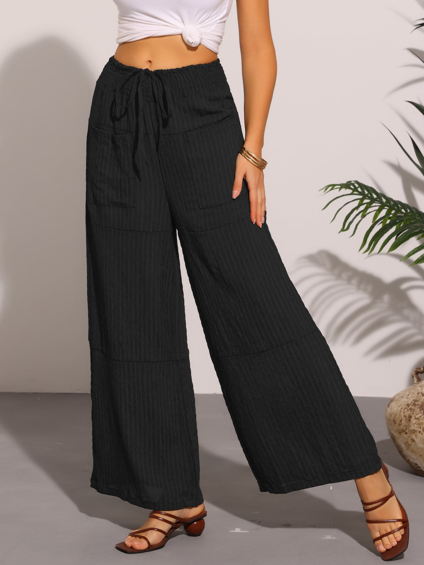 Women Wide Leg Pants Adjustable Waist Tie Front Casual Summer Palazzo Pants with Pockets