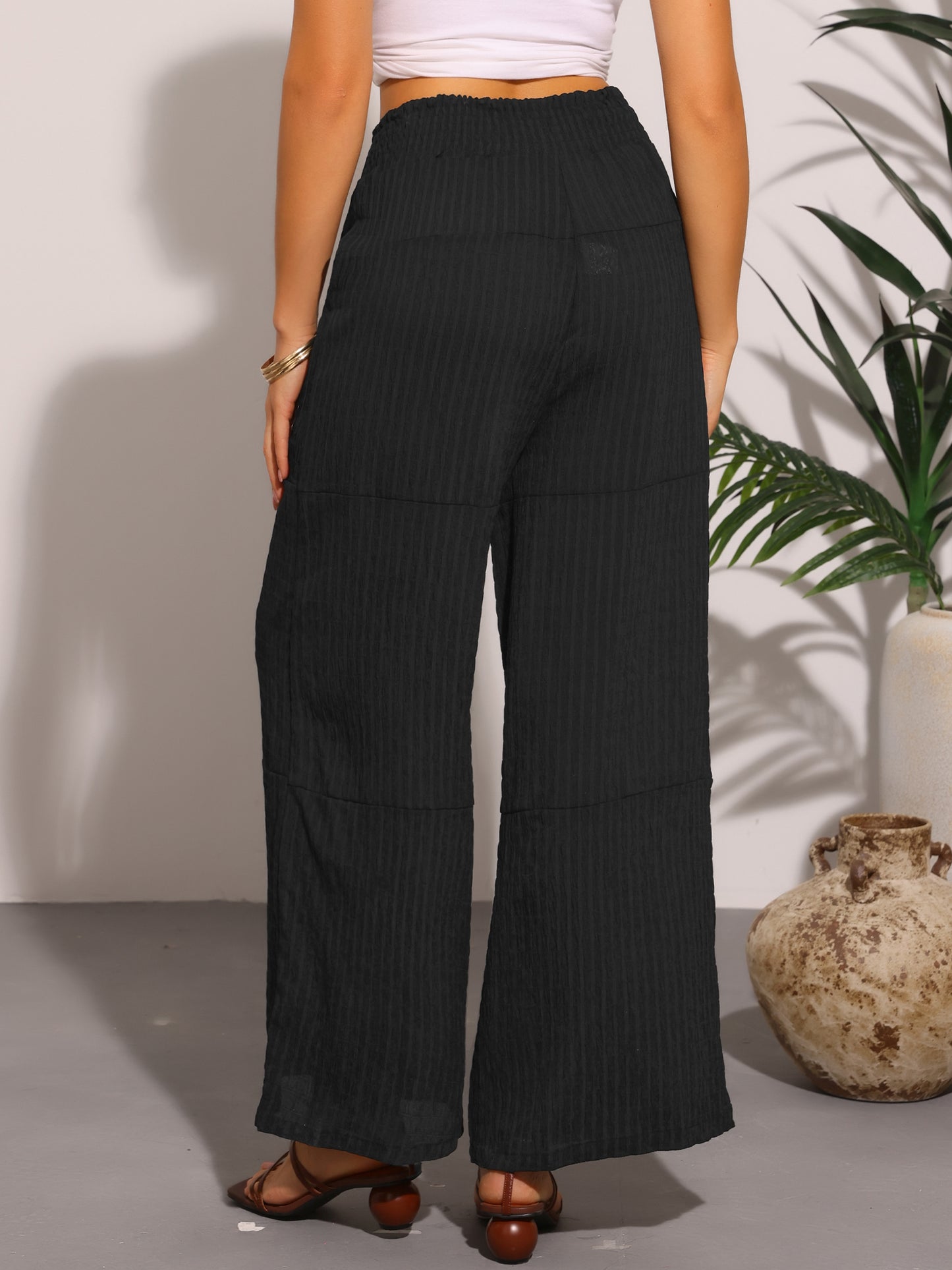 Women Wide Leg Pants Adjustable Waist Tie Front Casual Summer Palazzo Pants with Pockets
