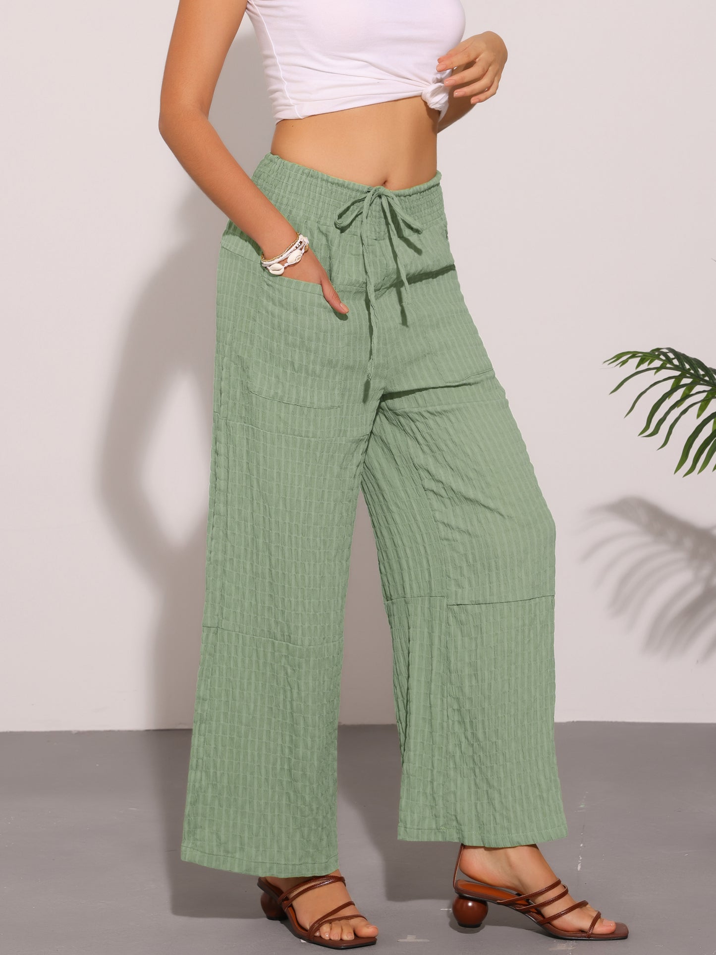Women Wide Leg Pants Adjustable Waist Tie Front Casual Summer Palazzo Pants with Pockets