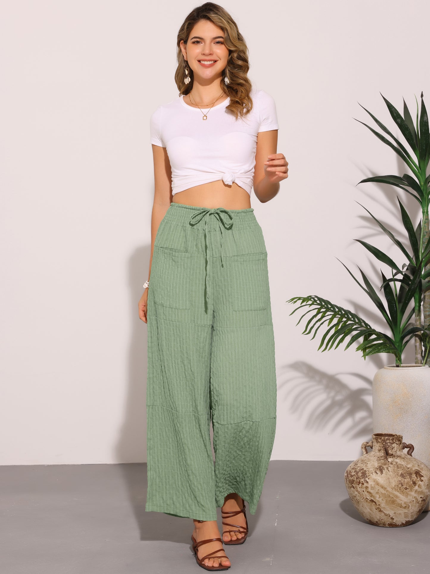 Women Wide Leg Pants Adjustable Waist Tie Front Casual Summer Palazzo Pants with Pockets