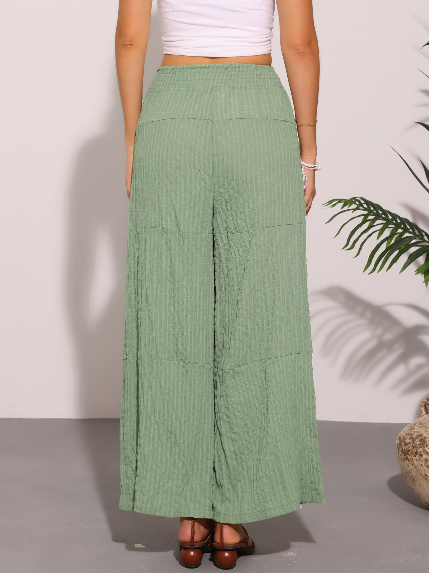Women Wide Leg Pants Adjustable Waist Tie Front Casual Summer Palazzo Pants with Pockets