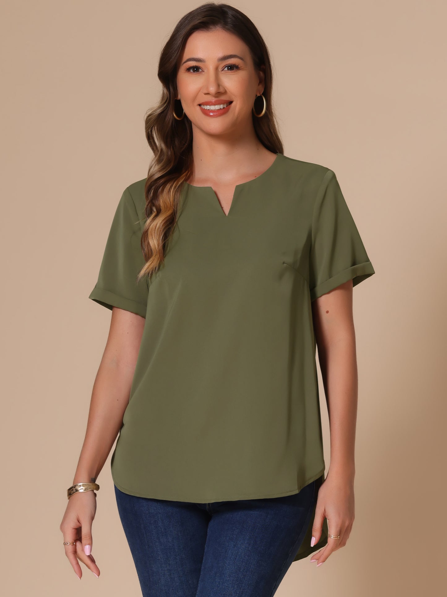 Women's Summer Top Loose Fit Dressy Curved Hem Casual Tunic Top