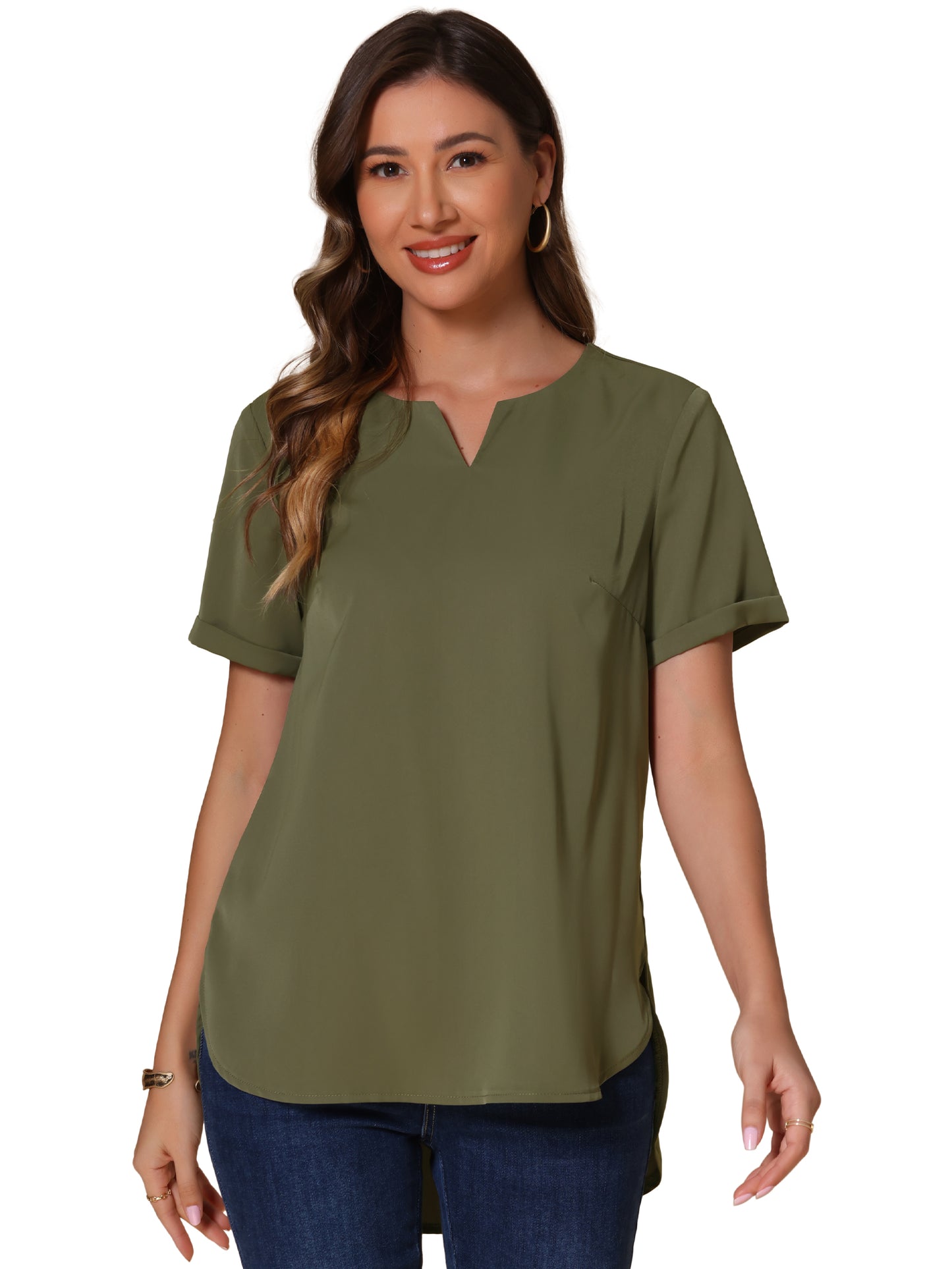 Women's Summer Top Loose Fit Dressy Curved Hem Casual Tunic Top