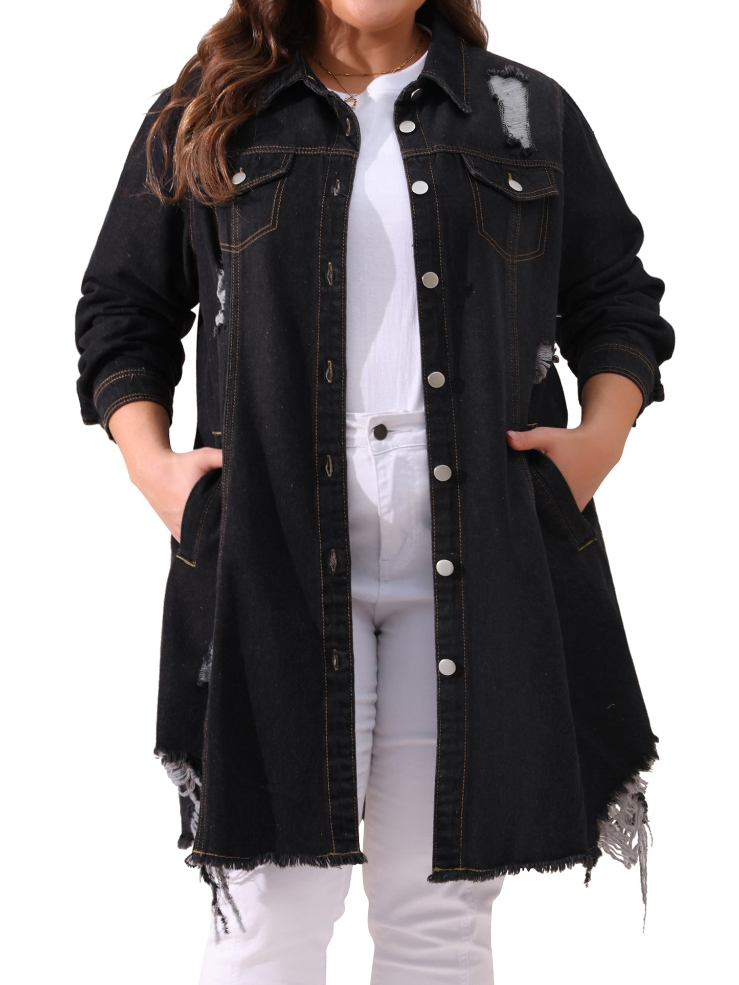 Women Plus Size Jean Jacket Distressed Long Sleeve Oversized Denim Trucker Jacket