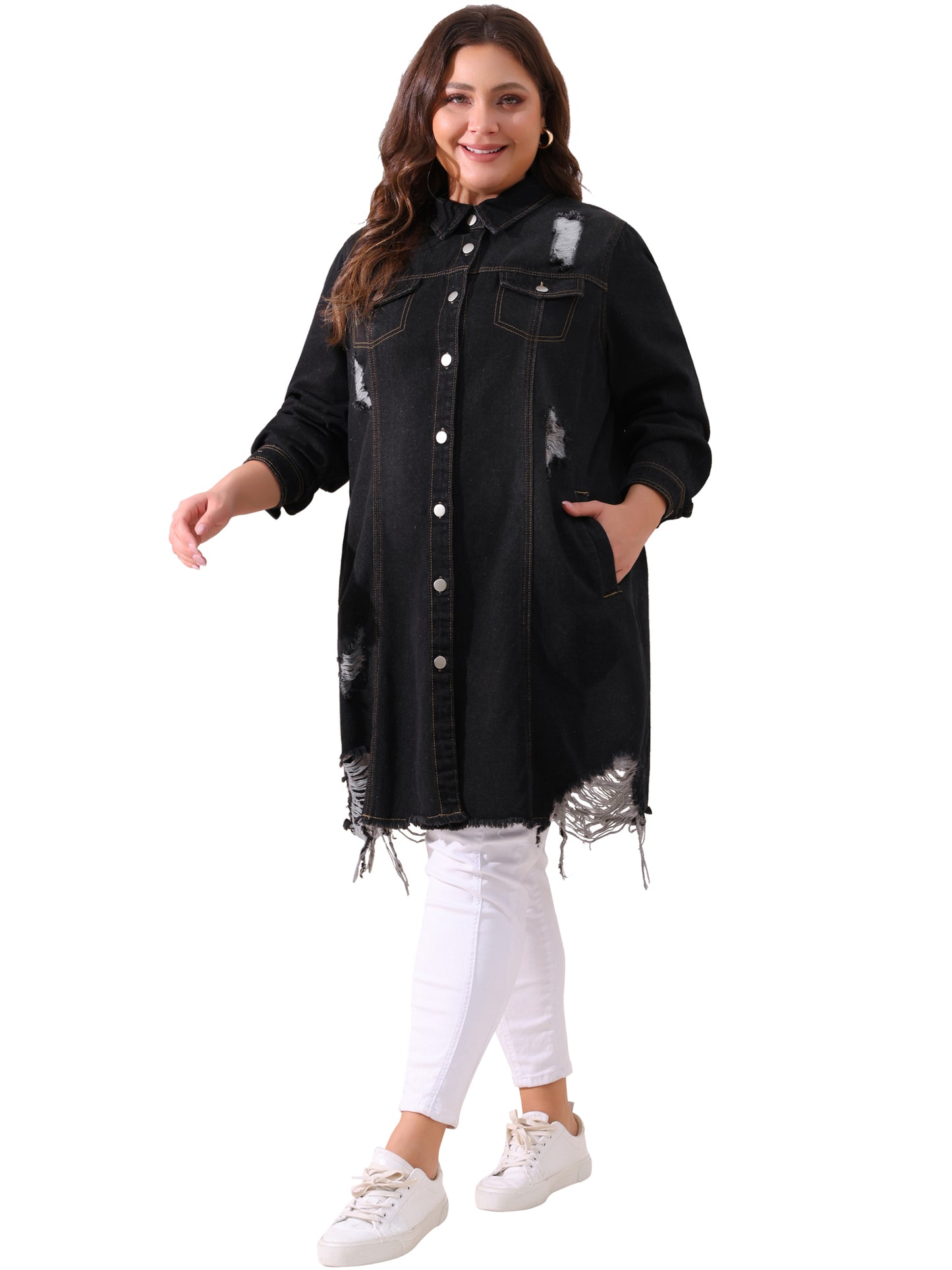 Women Plus Size Jean Jacket Distressed Long Sleeve Oversized Denim Trucker Jacket