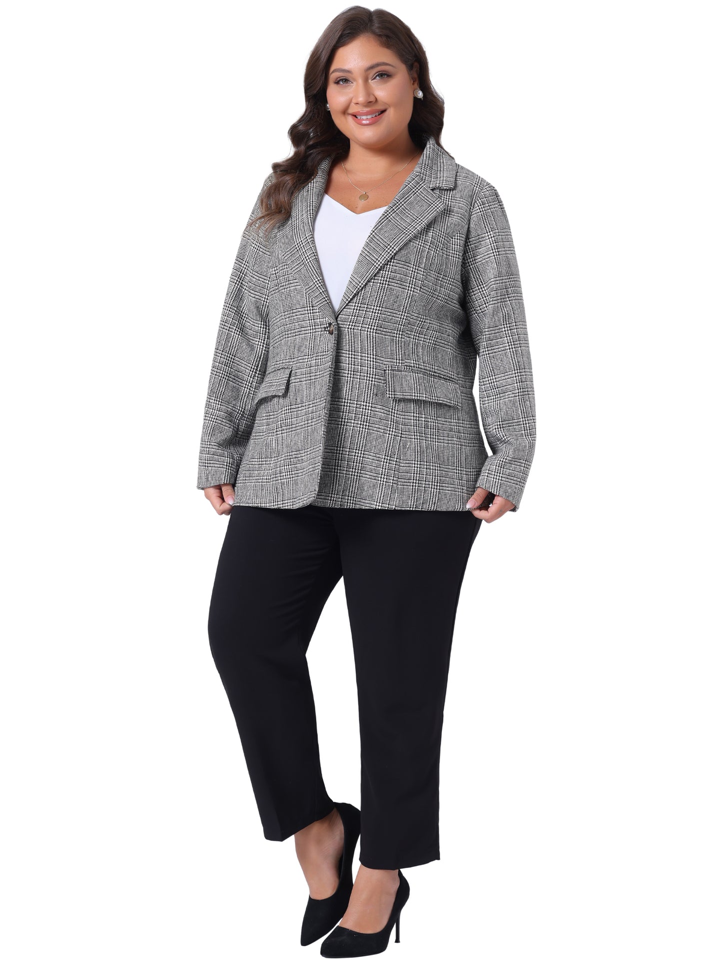 Women Plus Size Blazer Plaid Notched Lapel Long Sleeve Business Casual Blazer Jacket