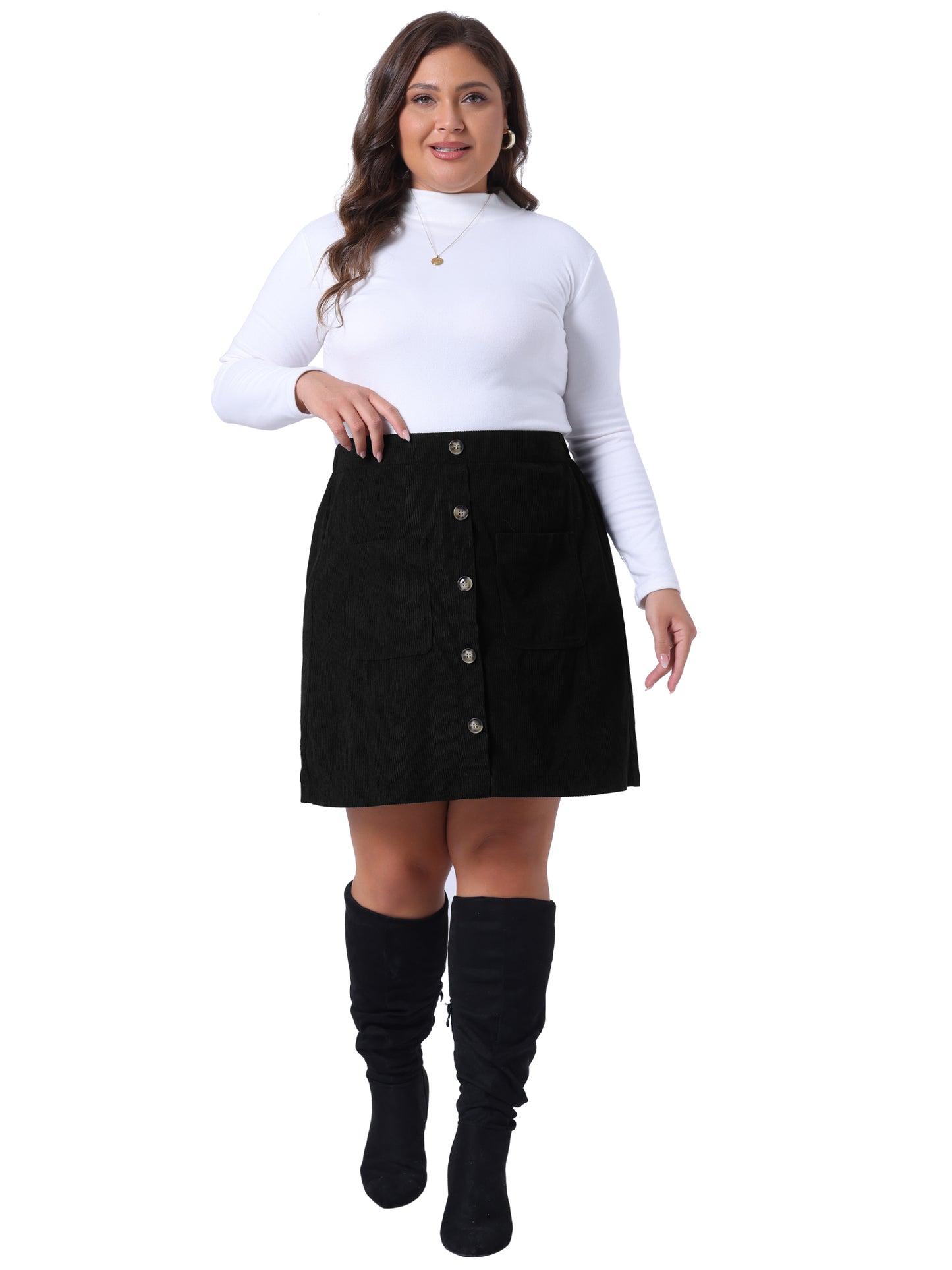 Women Plus Size Corduroy Skirts Fall Winter Elastic Waist Button Down Short Mini Skirt with Pockets