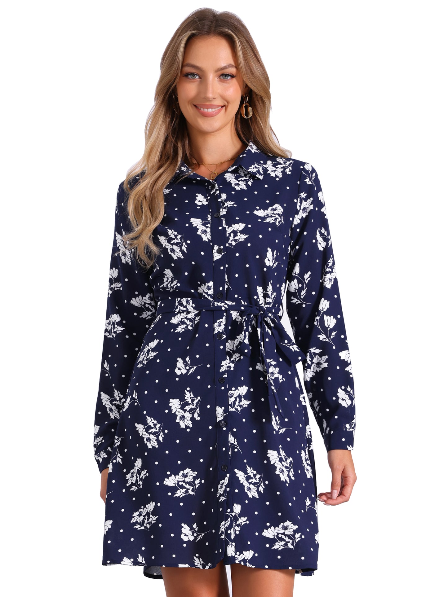 Women's Button Down Collar Tie Belted Print Shirt Dress