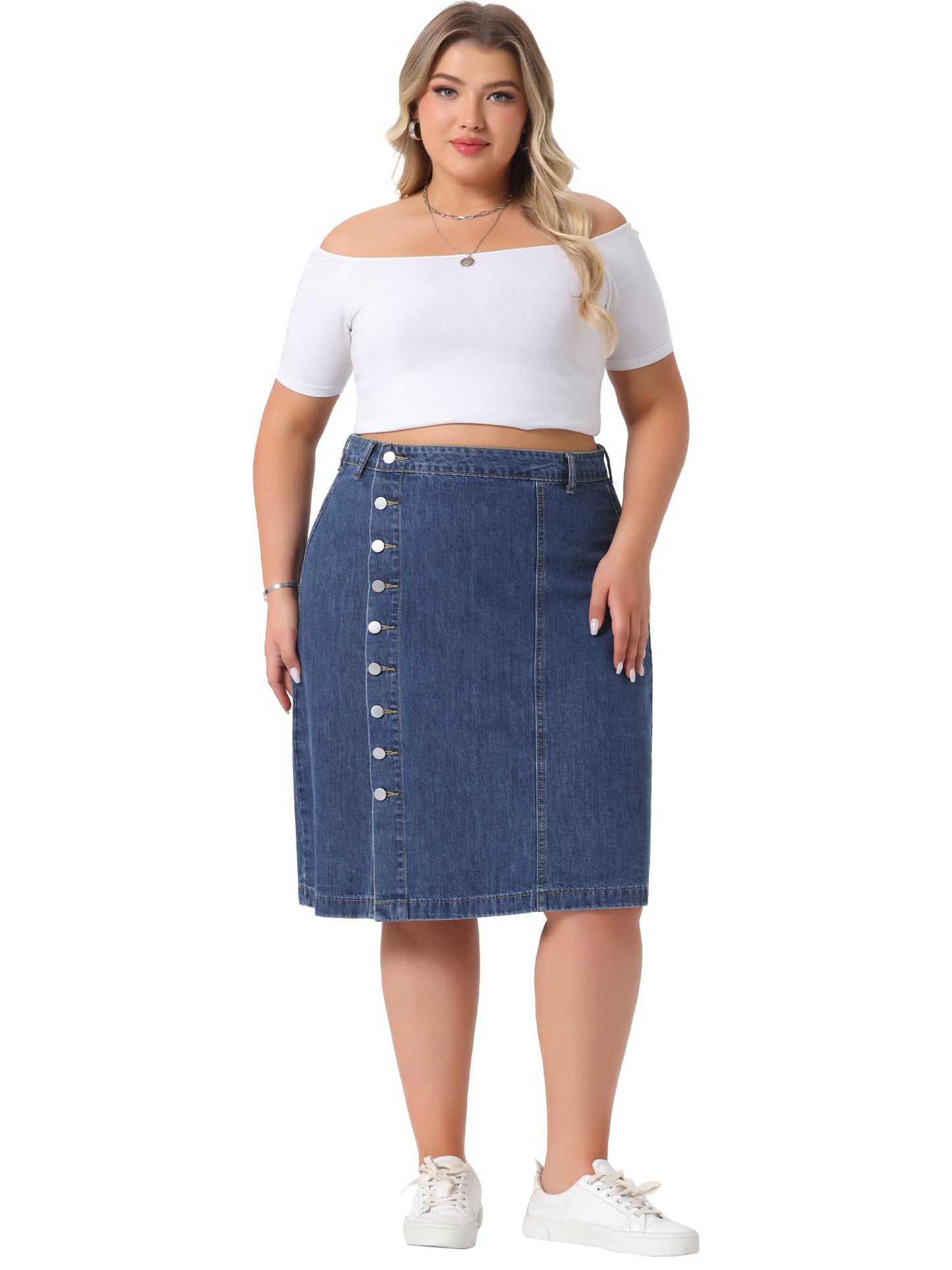 Falda vaquera de talla grande para mujer, con botones delanteros, cintura alta, corte A, falda vaquera midi