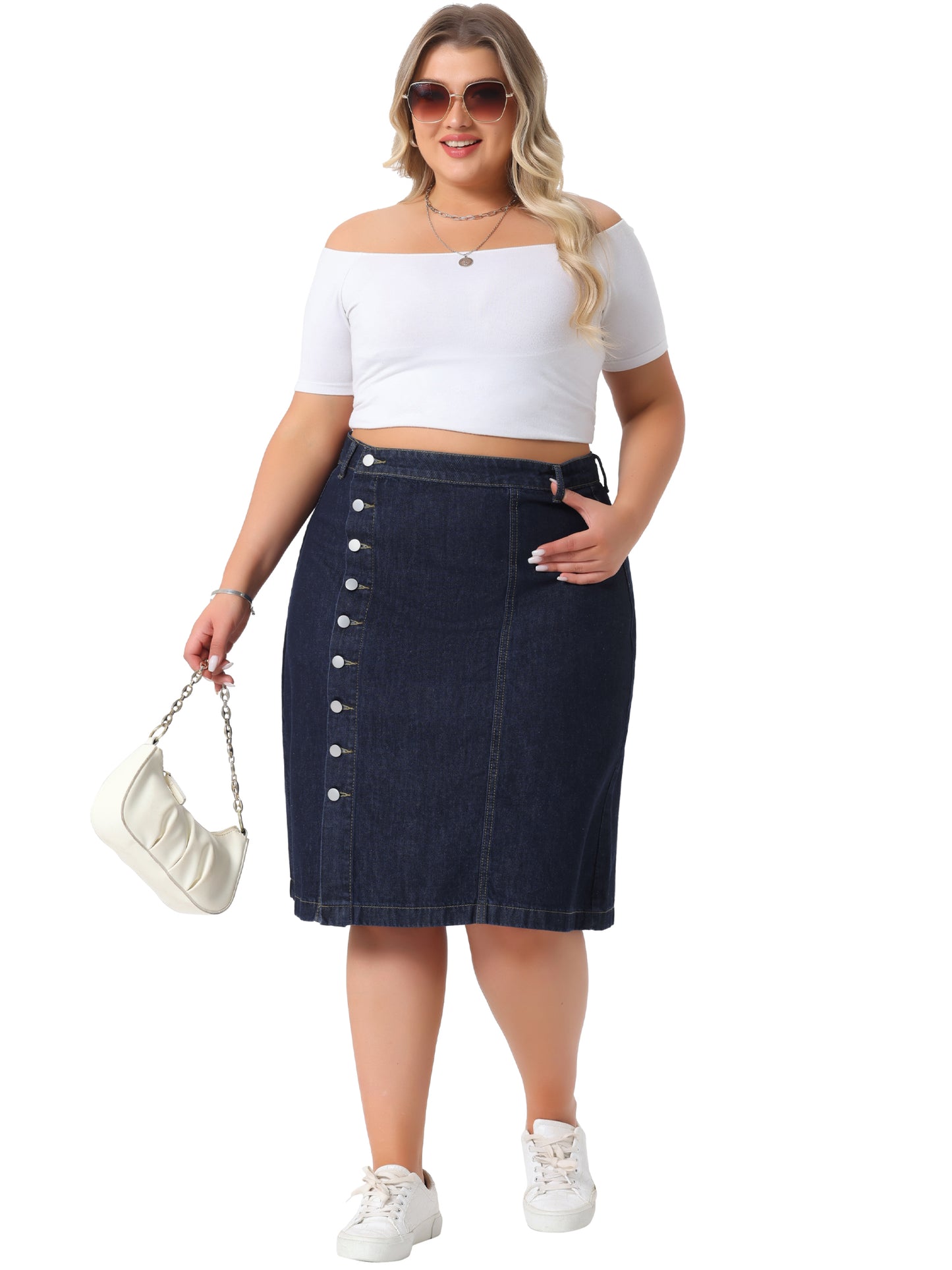 Women Plus Size Denim Skirt Button Front High Waist A Line Midi Jean Skirt