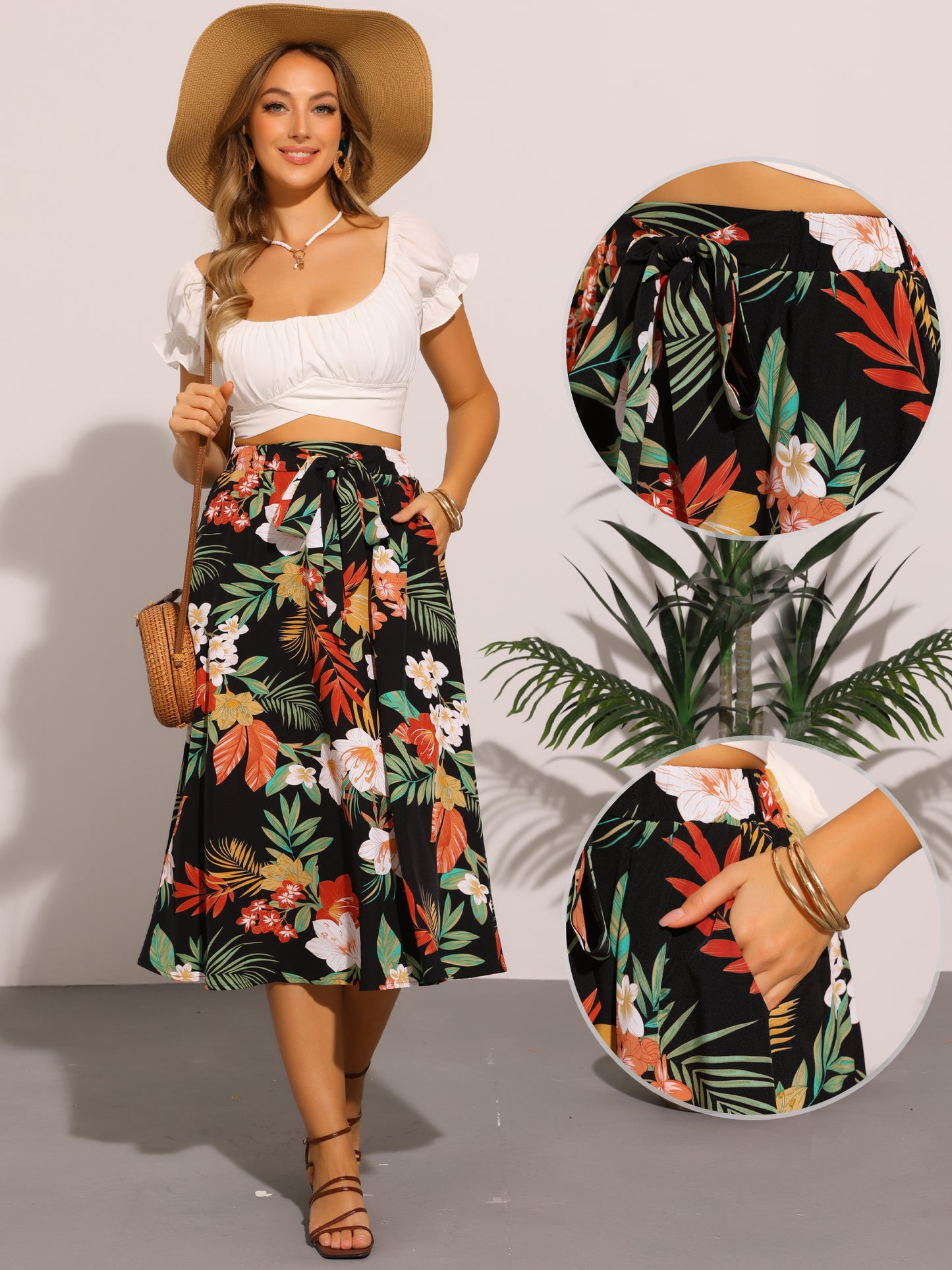 Women's Floral Boho Midi Skirt Elastic Waist A-Line Flowy Summer Skirt with Pocket