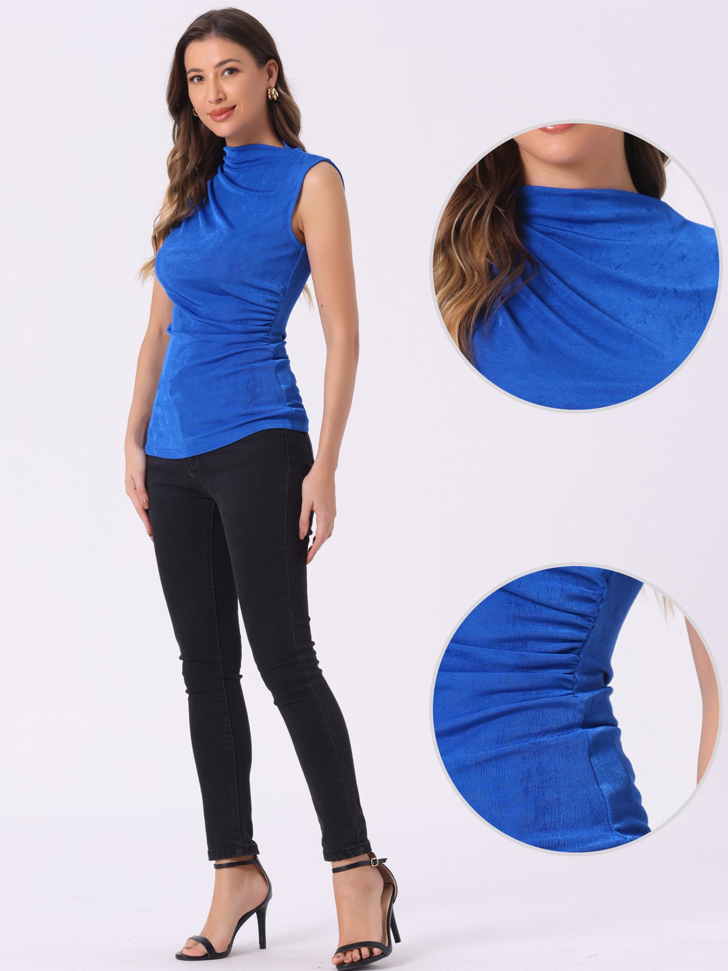 Women's Turtle Mock Neck Casual Slim Fit Sleeveless Ruched Tank Top