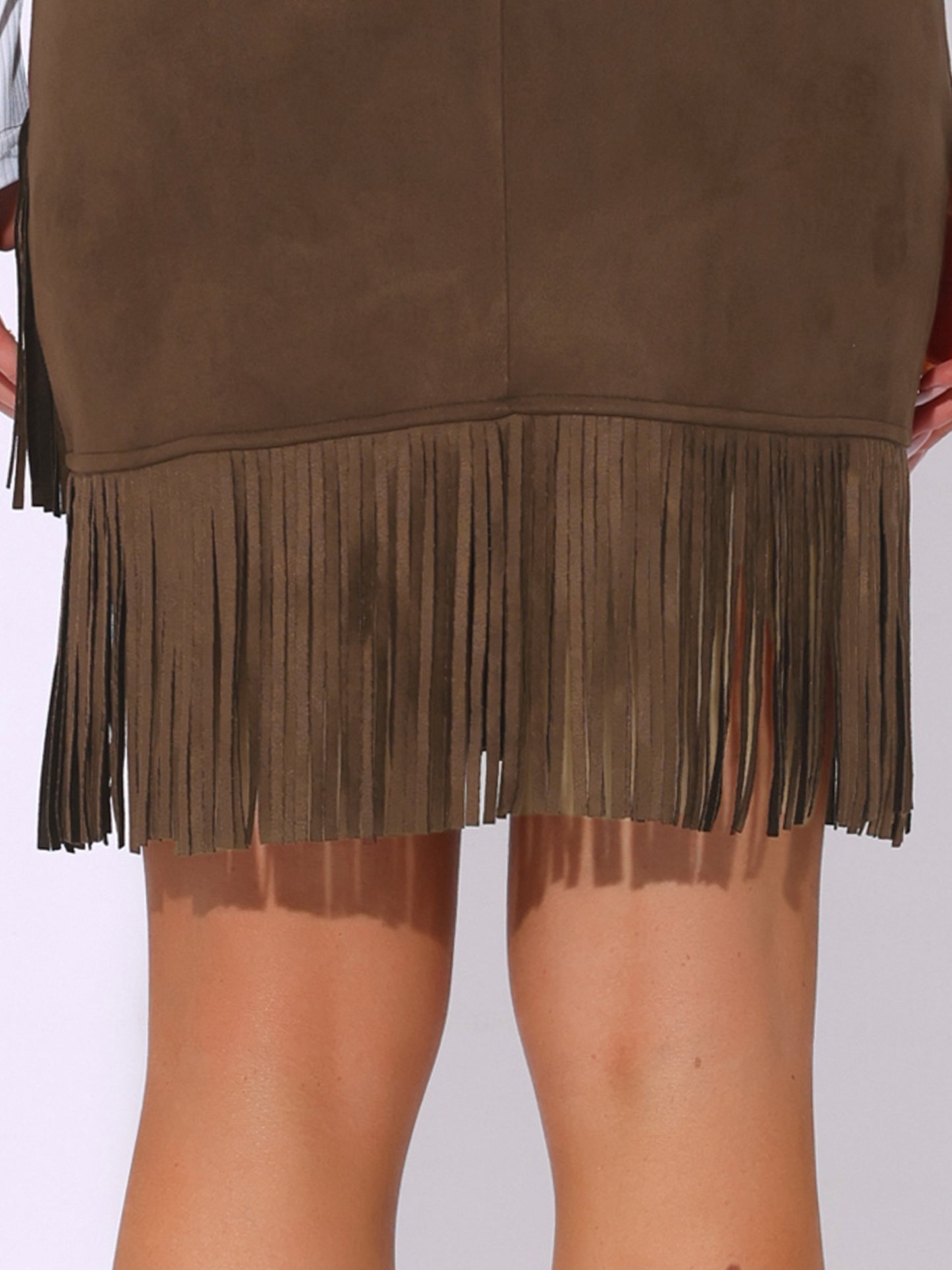 Women's Faux Suede Vintage High Waist Fringe Trim Stretch Bodycon Mini Skirt