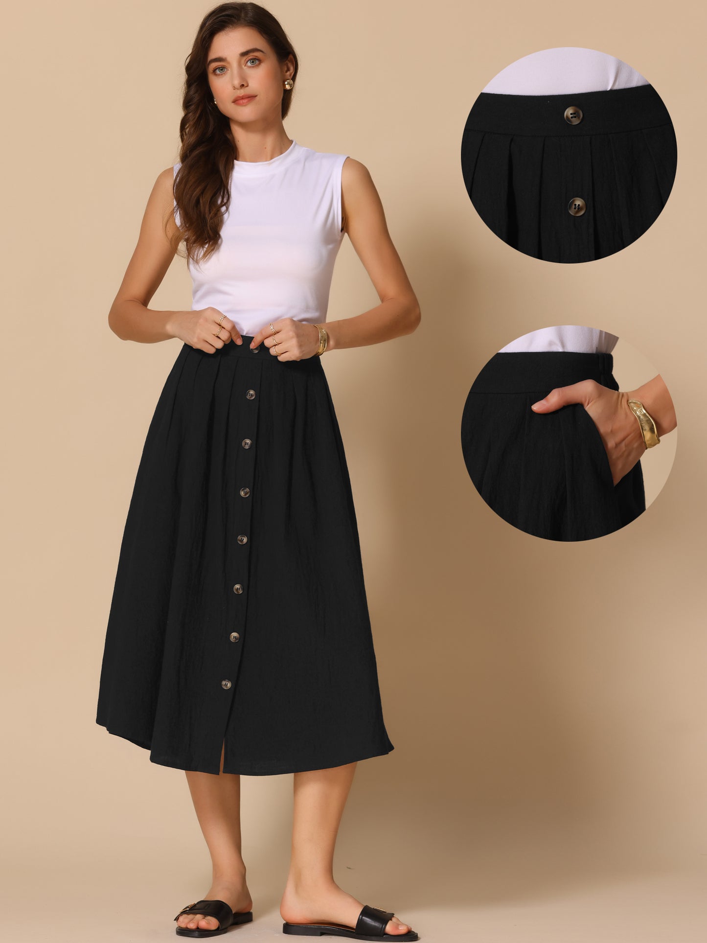 Women's Summer Casual Button Decor Elastic Waist A-Line Cotton Midi Skirt with Pocket