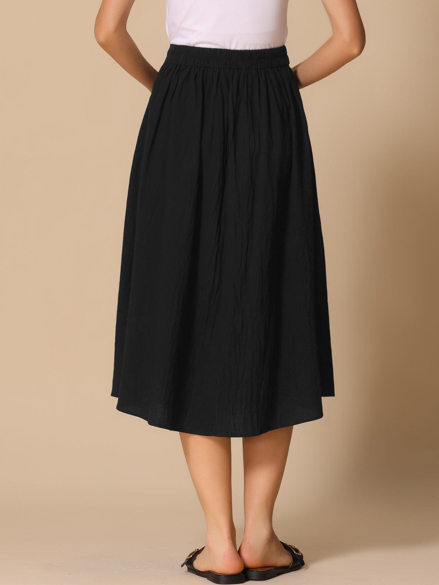 Women's Summer Casual Button Decor Elastic Waist A-Line Cotton Midi Skirt with Pocket