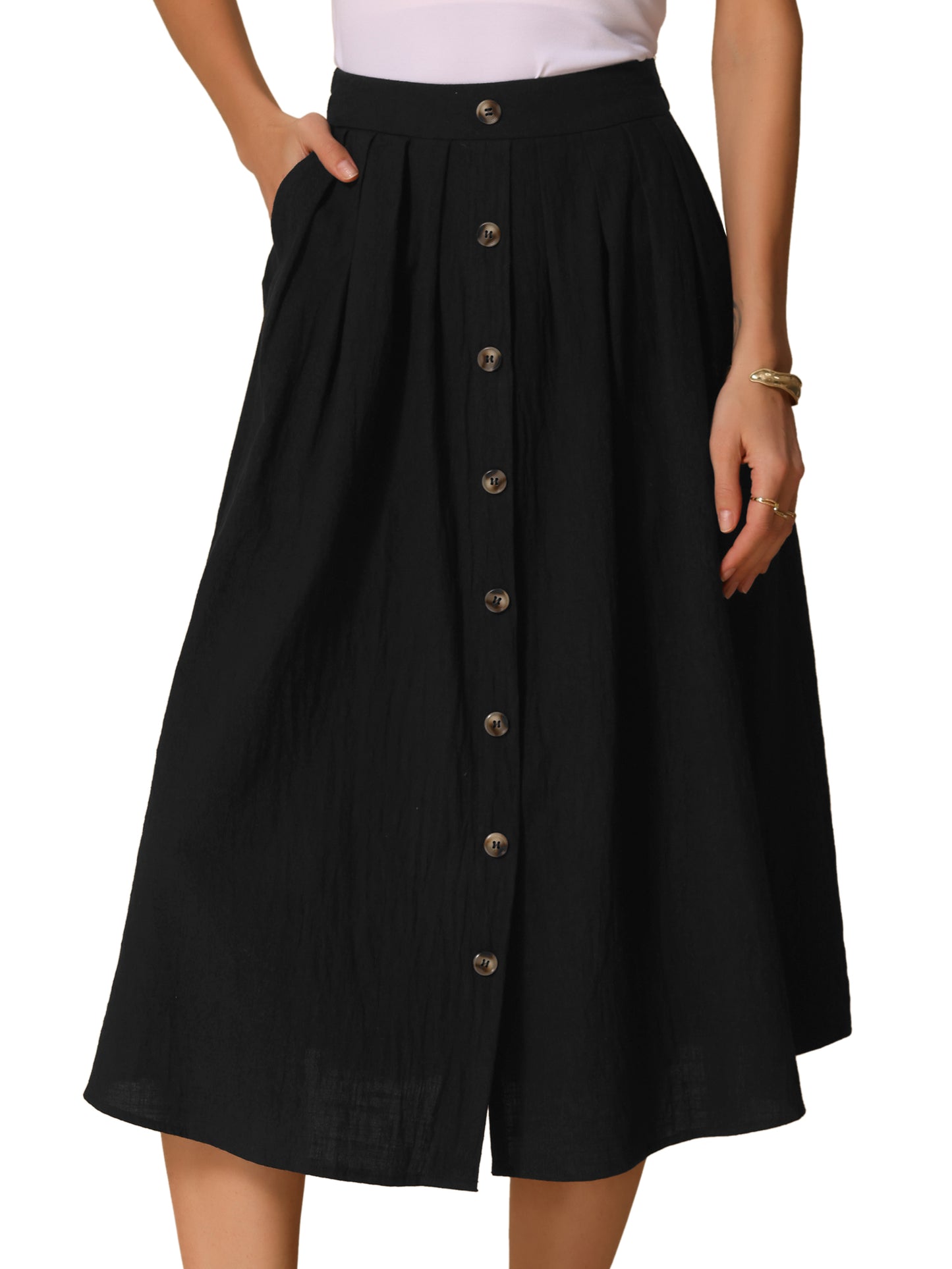 Women's Summer Casual Button Decor Elastic Waist A-Line Cotton Midi Skirt with Pocket